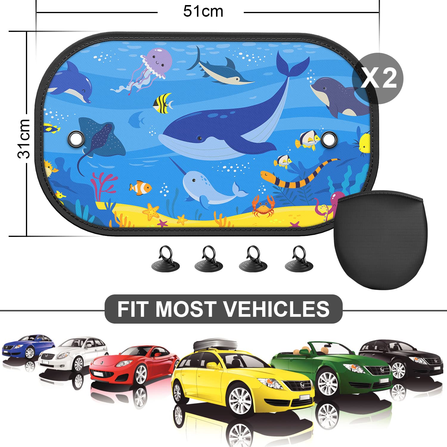 Diza100 Car Window Shade For Baby 2 Pack Car Sun Shade Side Auto Sunshades 20 ''X12 '' With Blue Ocean Pattern Sun And Uv Protec