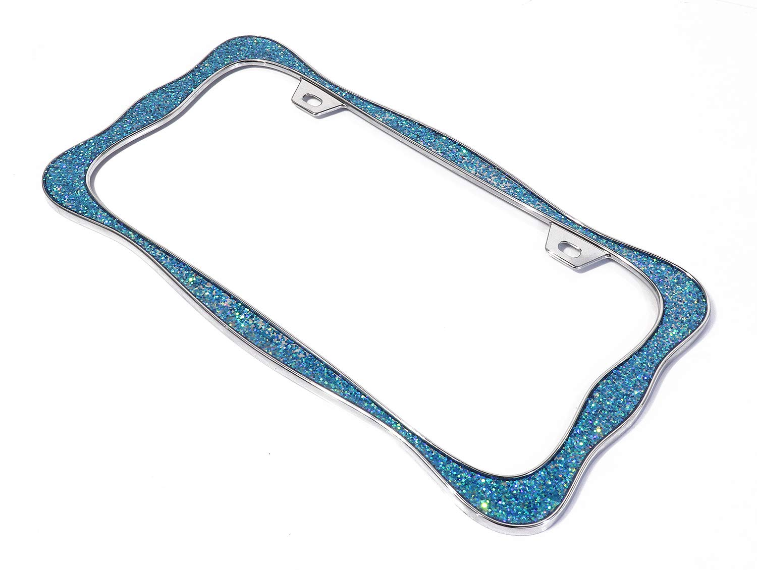 Creathome 3D Shining License Plate Frame, Chrome With Shining Blue Chunky Gliter, Pure Zinc Alloy Metal