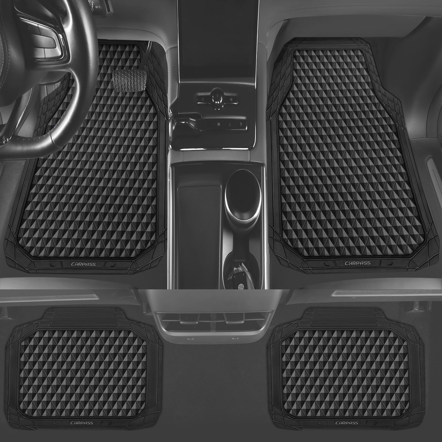 CAR PASS Black Rubber Car Floor Mats & Cargo Liners, Durable Anti-Slip 3D Rhombus Waterproof Automotive Pad Trim Fit Liner All-W