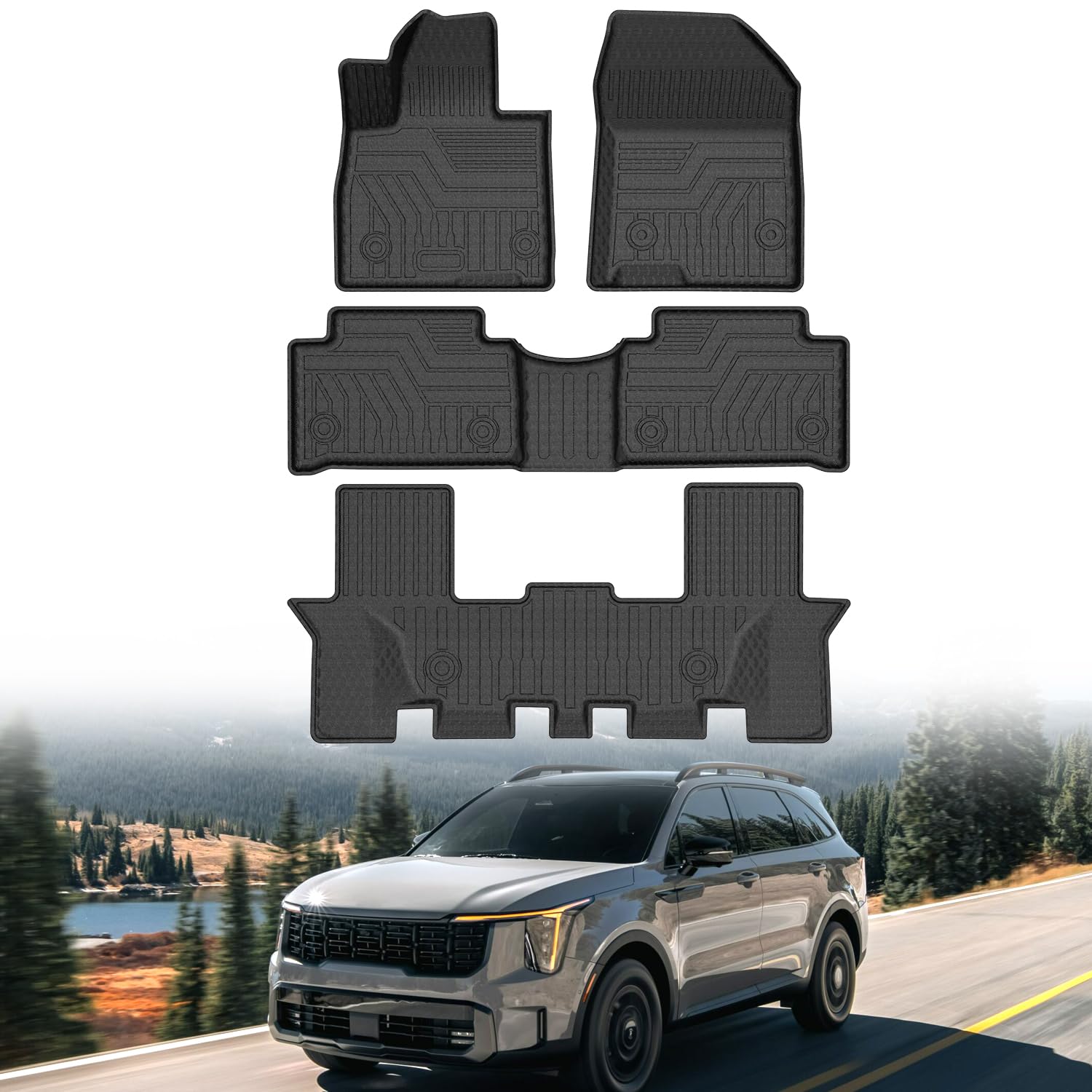 Mixsuper Custom Fit Floor Mats For Kia Sorento 7 Seats 2021-2025 All Weather Floor Liners Front And Rear Row Set Black