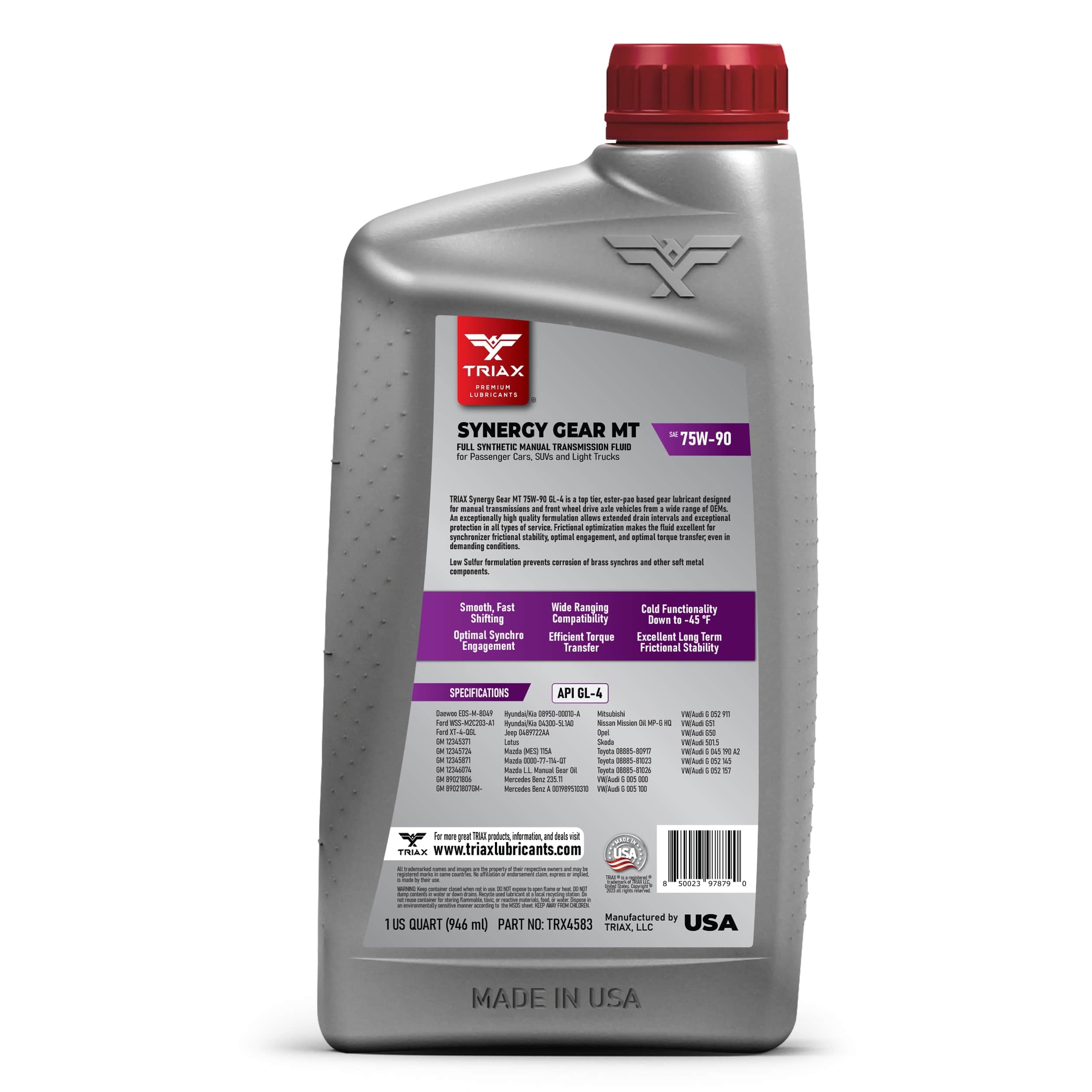 Triax Synergy Gear Mt 75W-90 Gl-4 (Mt-90); Full Synthetic Manual Trans Fluid; Smooth Shifting; No Sticking, Slipping, Vibration,
