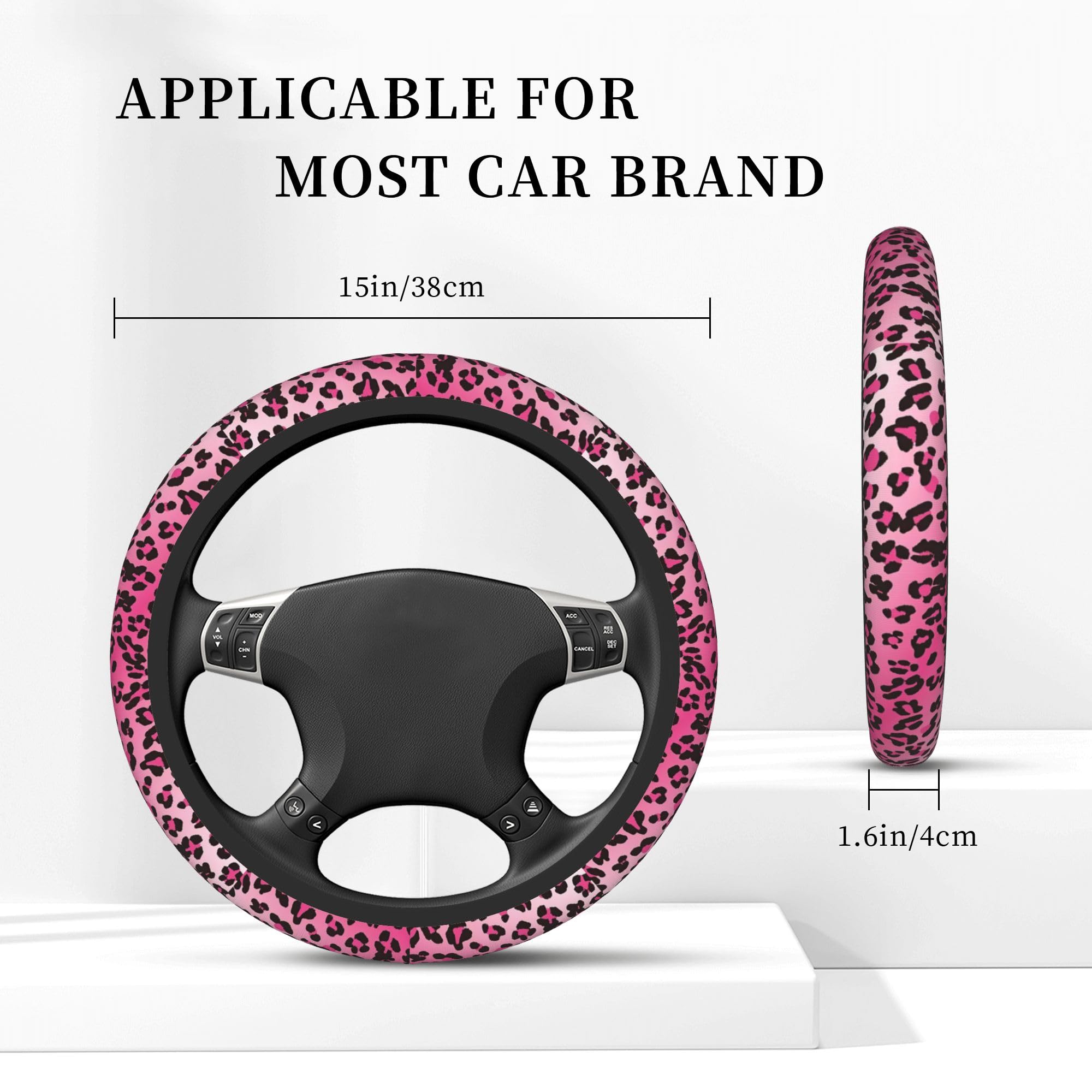 Pink Steering Wheel Cover for Women, Leopard Pattern Steering Wheel Cover Protector Non Slip Breathable Universal 15 Inch Cute C