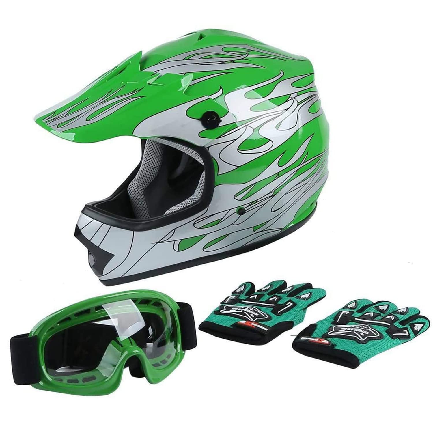 Slmoto Dot Youth Kids Motocross Offroad Street Helmet Motorcycle Helmet Dirt Bike Atv Green Flame Helmet+Goggles+Gloves,X-Large