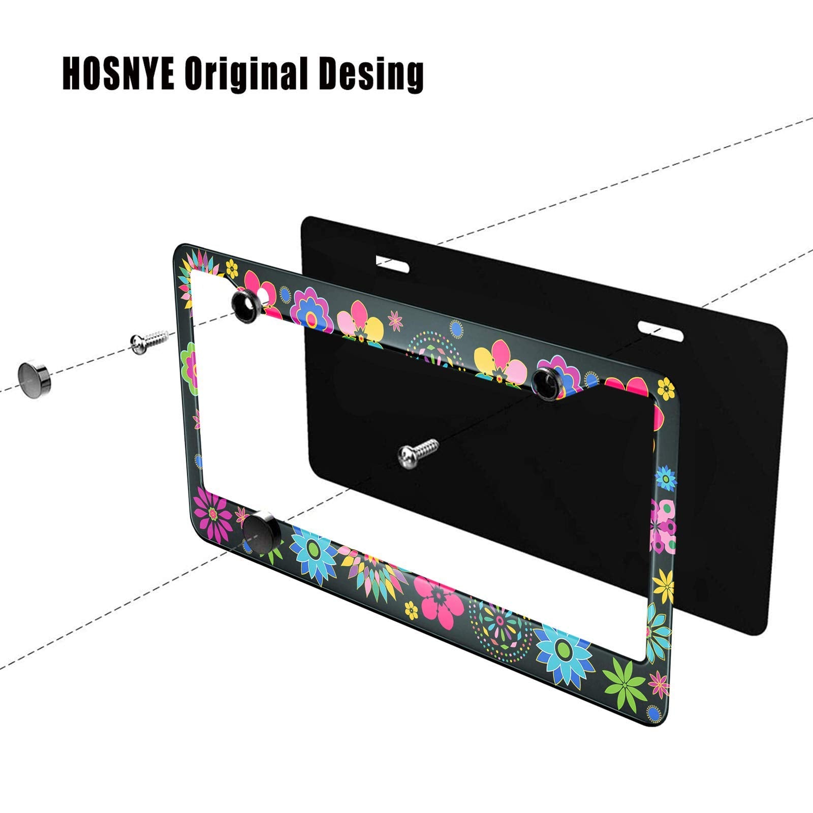 HOSNYE Multi Coloured Floral License Plate Frame Unique Retro Flower Metal License Plate Cover Front Plates Frames Car Tag Frame