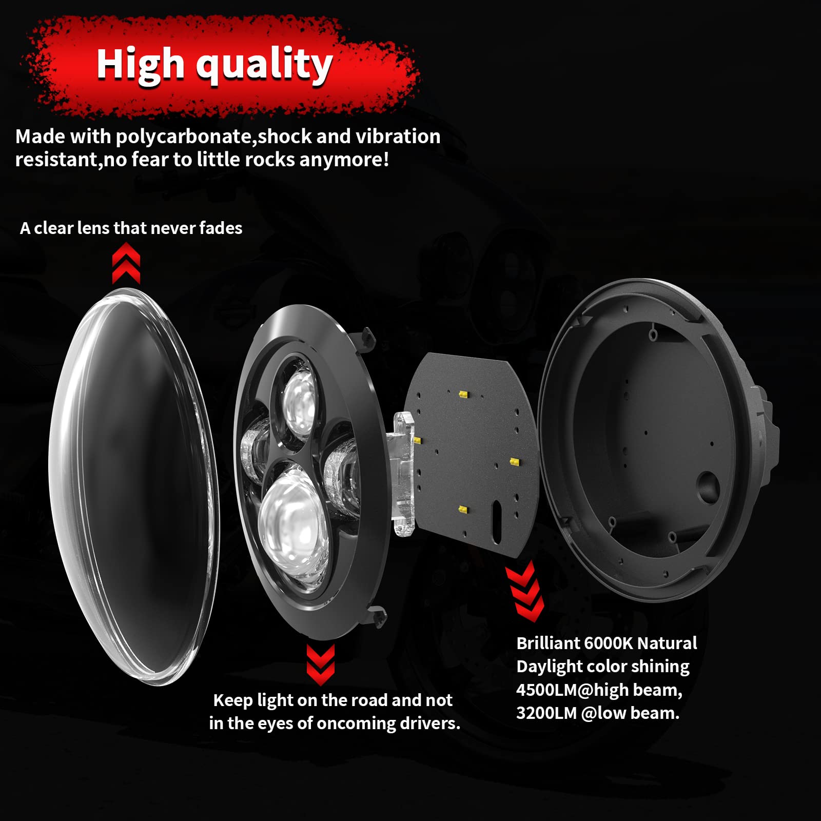 Wisamic Motorcycle 7 inch LED Headlight, 4.5 inch Passing Lamps Fog Lights and Mounting Ring, Compatible with Harley Davidson Ro