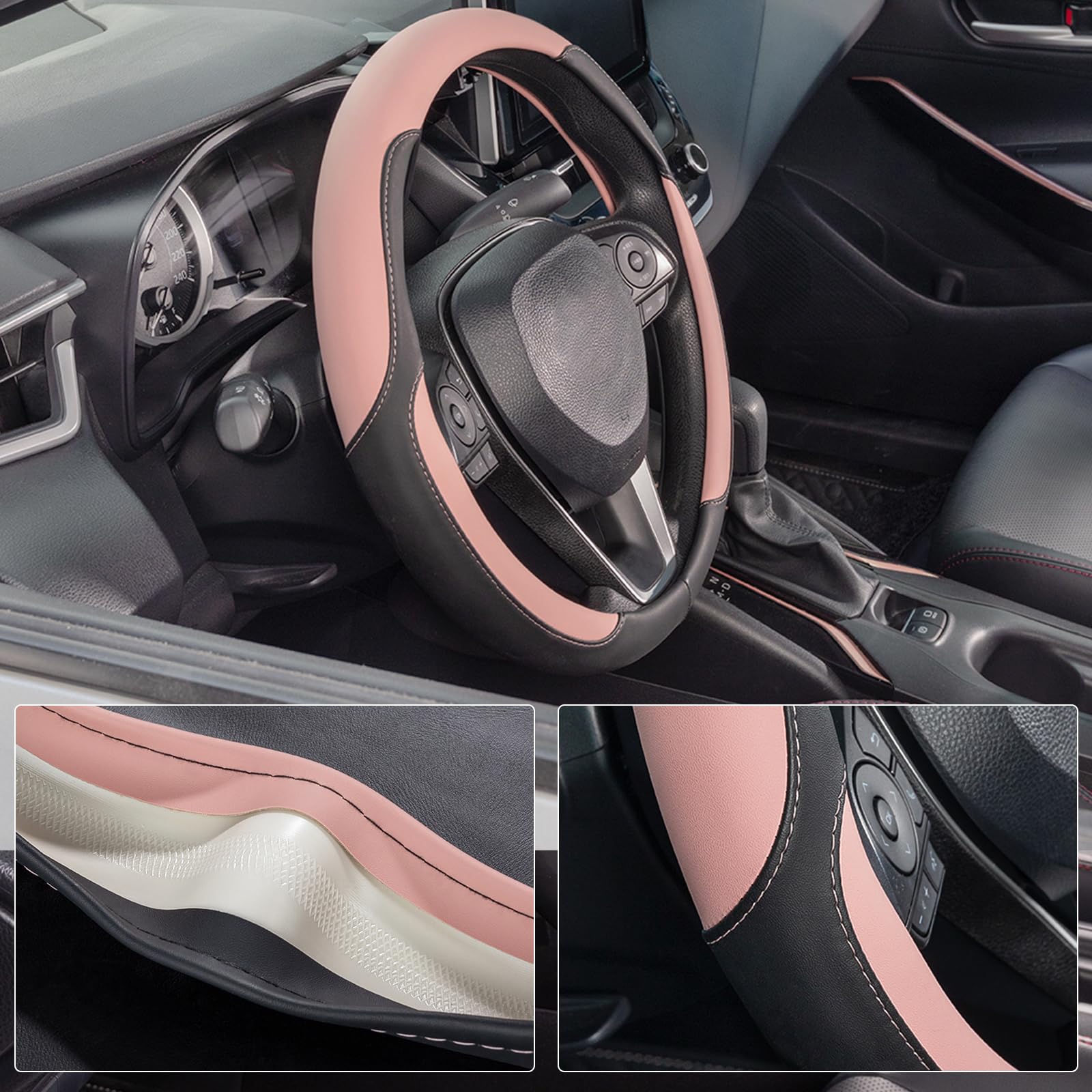 SEG Direct Car Steering Wheel Cover for Women Men, Standard Size 14.5-15 inch (37-39 cm), Auto Interior Accessories, Black and P