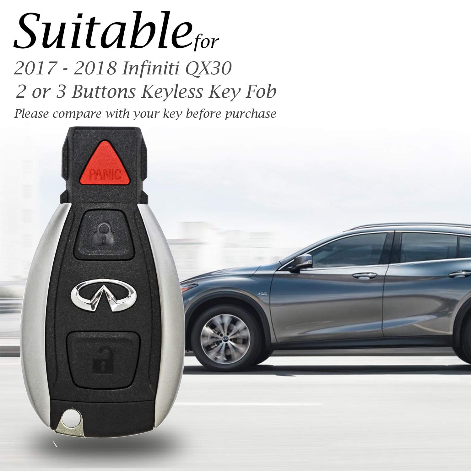 Vitodeco Genuine Leather Smart Key Fob Case Cover Protector with Leather Key Chain for 2017 - 2018 Infiniti QX30 (3-Button, Black/Red)