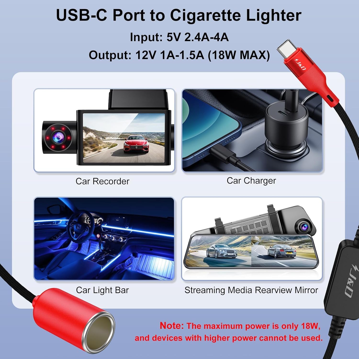 J&D USB C Male to 12V Car Cigarette Lighter Socket Converter Cable, 5 ft, Red, Model JD000779, 18W for Dash Cam & LED Light Strips