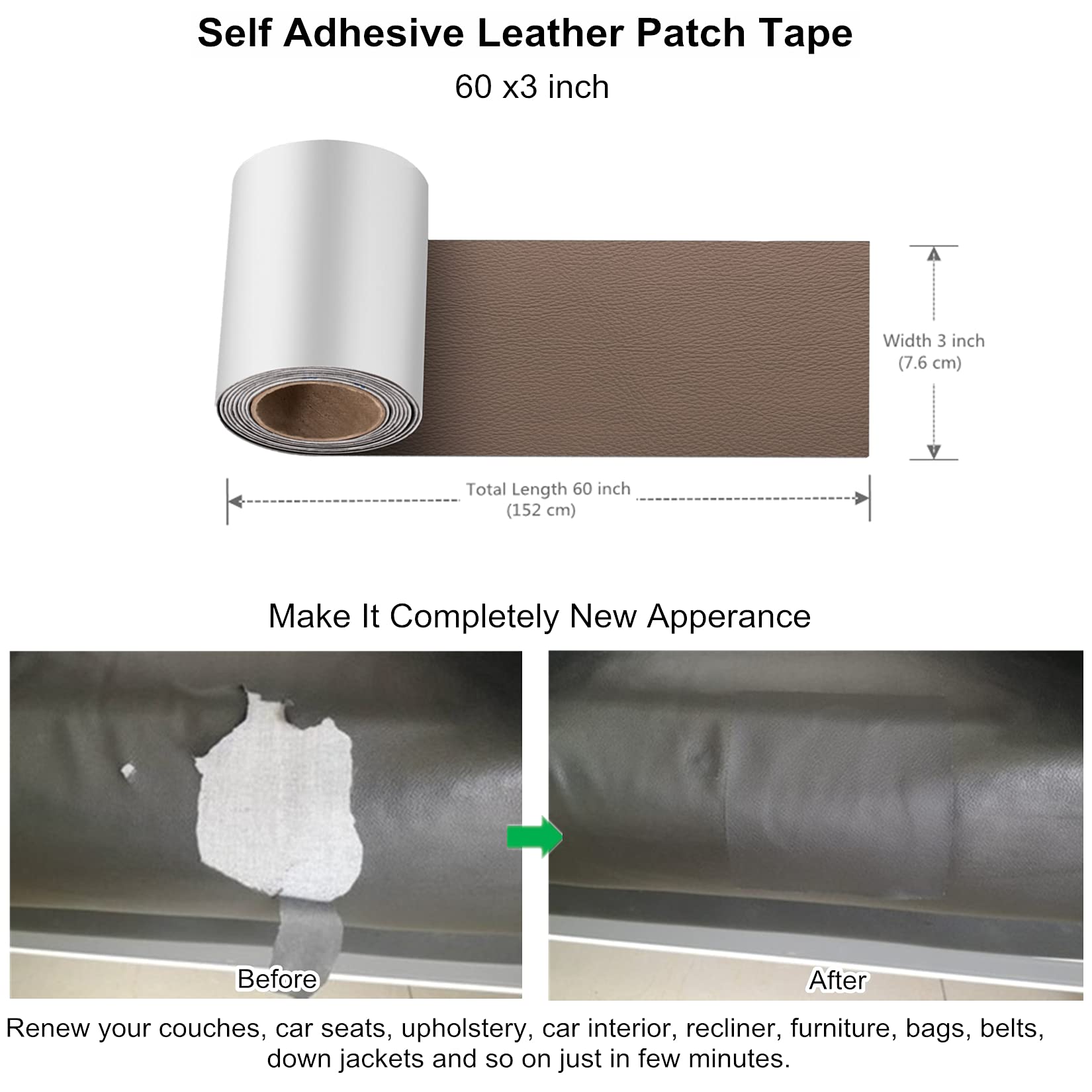 Ilofri Self Adhesive Leather Repair Patch Tape 3X60 Inch, Vinyl And Leather Repair Kit For Couches, Furniture, Car Seat, Boat Se