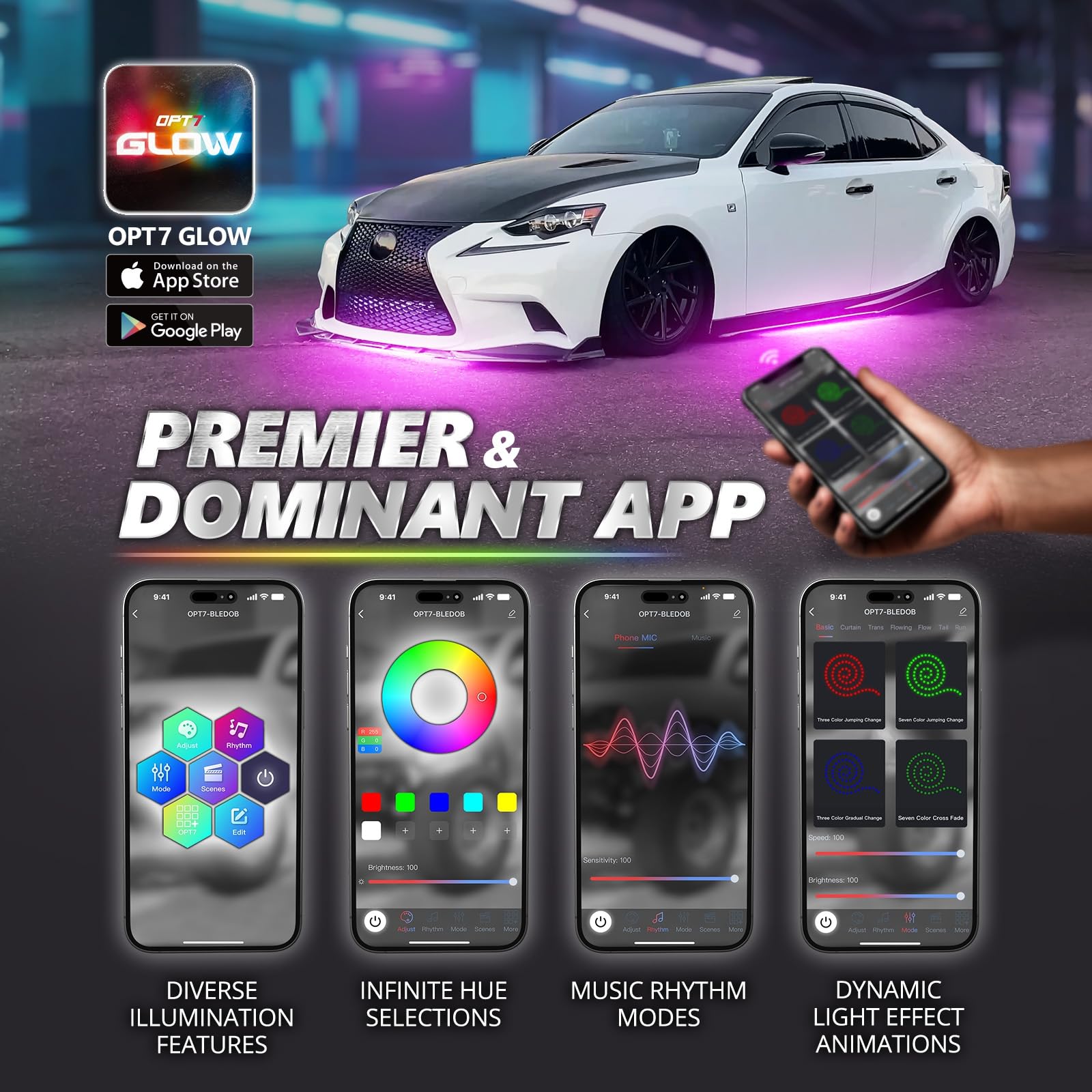 Opt7 Aura Pro Underglow Led Lights With App & Remote Control, Rgb Multicolor Mode, Music Sync, 4 Pcs Waterproof Rigid Aluminum L