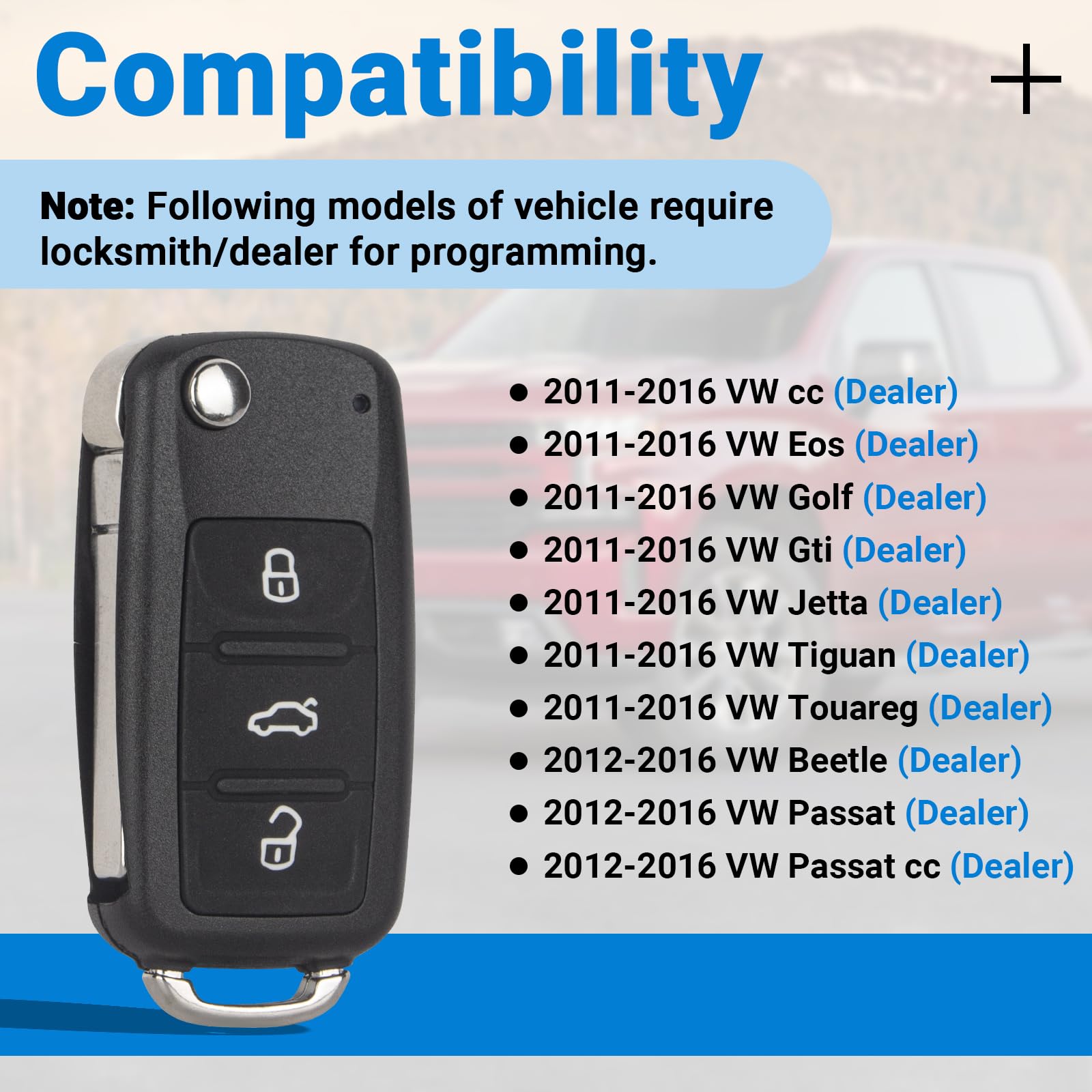 Key Fob Remote Compatible With 2011-2016 Vw Volkswagen Tiguan Touareg Jetta Beetle Cc Eos Golf Gti Passat Car Key Replacement (Nbg010180T) Flip Keyless Entry Remote, 2 Pack