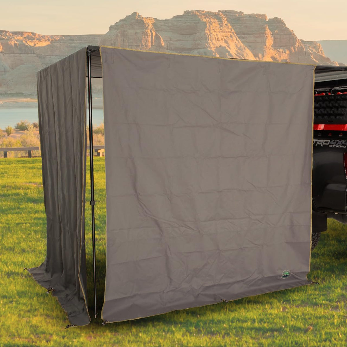 Overland Vehicle Systems Hd Nomadic 6.5’ Awning Side Shade Wall - 280G Poly Cotton Rip Stop Grey Body, Green Trim - Velcro Attachment - Included Storage Bag