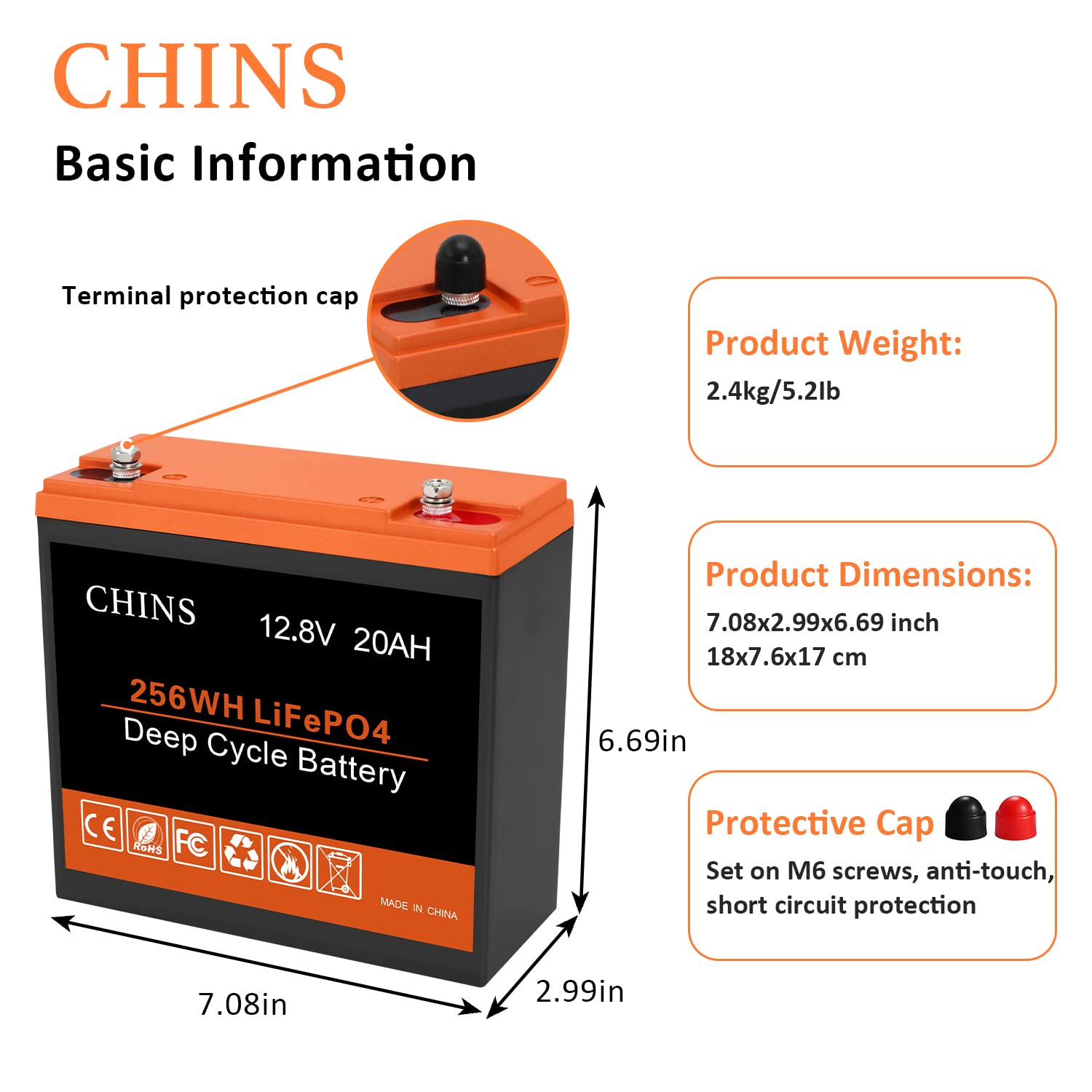 Chins Lifepo4 Battery 12V 20Ah Lithium Battery - Built-In 20A Bms, 2000~5000 Cycles, Perfect For Replacing Most Of Backup Power,