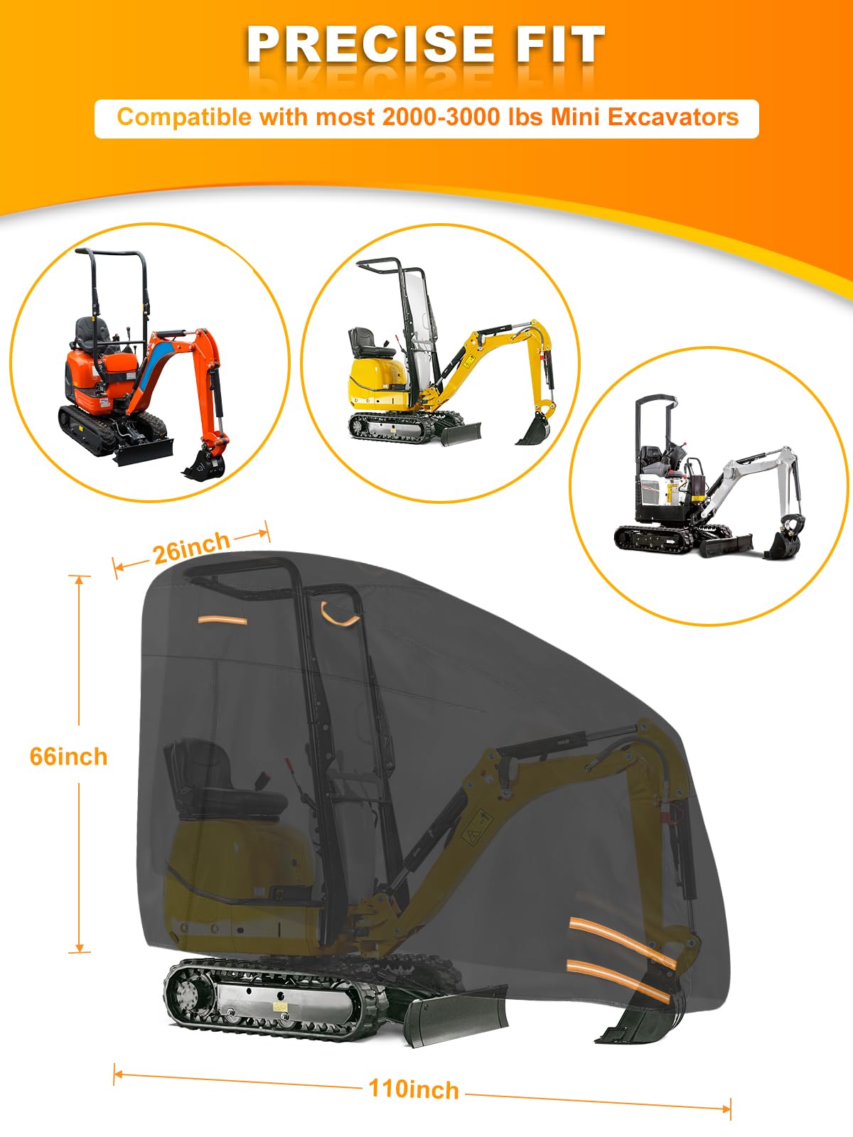Mini Excavator Cover Fits 2000-3000 lbs Models, 420D Waterproof Zippered Excavators Cover Compatible with Kubota K008-3/Bobcat E