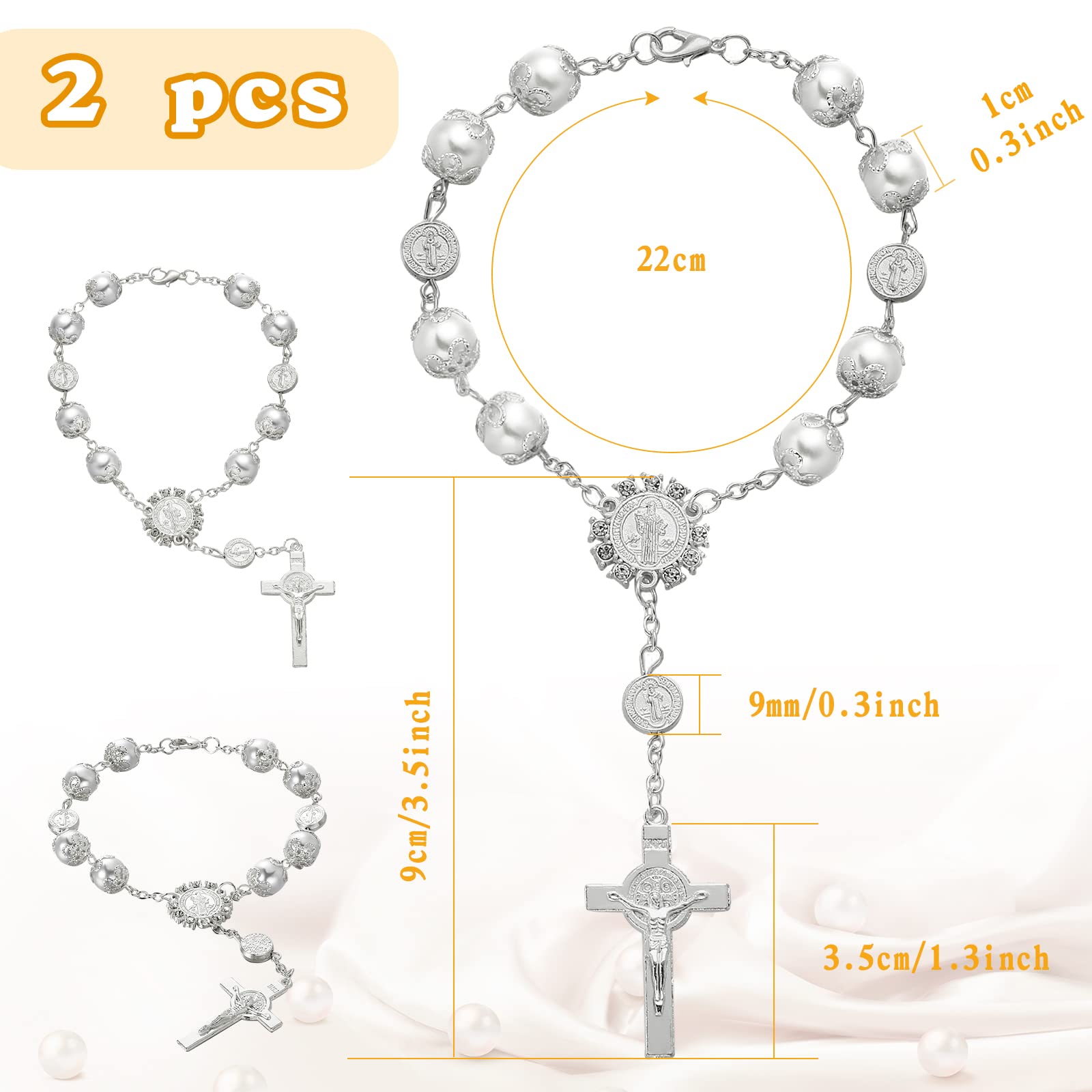 Saint Benedict Car Rosary 2 Pcs Rearview Mirror Auto Rosary Hanging Personalized Car Cross Blessing Catholic Car Medal For Truck Bike Motorcycle Car Mirror Hanging Accessories Interior Decors (Silver)