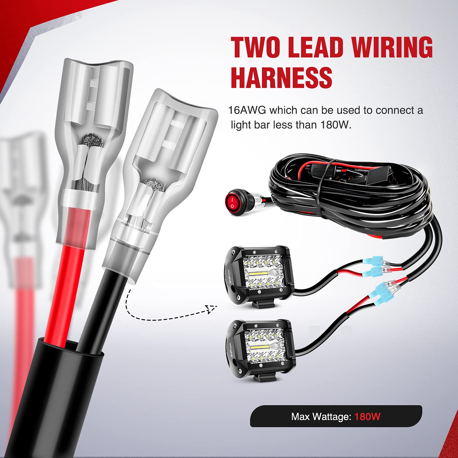 Nilight Led Light Bar 15 Ft Wiring Harness Kit - 2 Leads 16Awg 12V On Off Switch Power Relay Blade Fuse For Off Road Lights Led