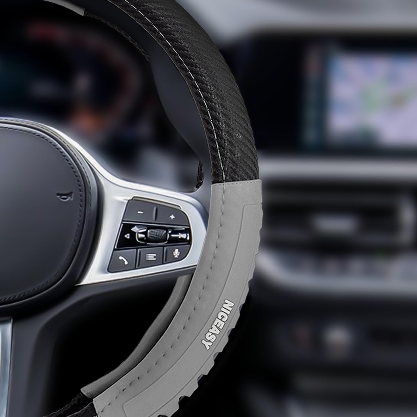 NICEASY Sport Style Black Carbon-Fiber Steering Wheel Cover with Grey Grip Steering Wheel Accessory,Universal Fit 14.75-15 inch