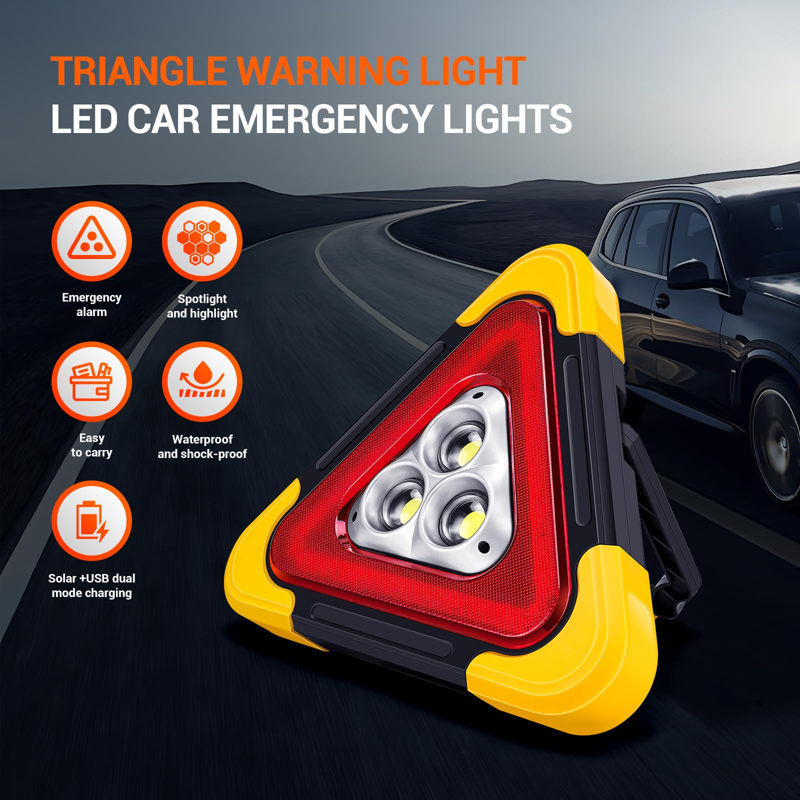 Kwak's Reflective Triangles for Vehicle Breakdowns - LED Solar Rechargeable Car Warning Triangles, Multifunctional Emergency Tri
