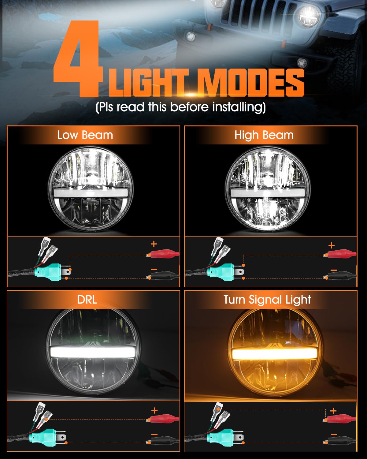 Uni-Shine 7-Inch Led Headlights - With Amber Turn Signal White Drl, Dot Approved, Hi/Lo Beam, Compatible With Jeep Wrangler Jk T