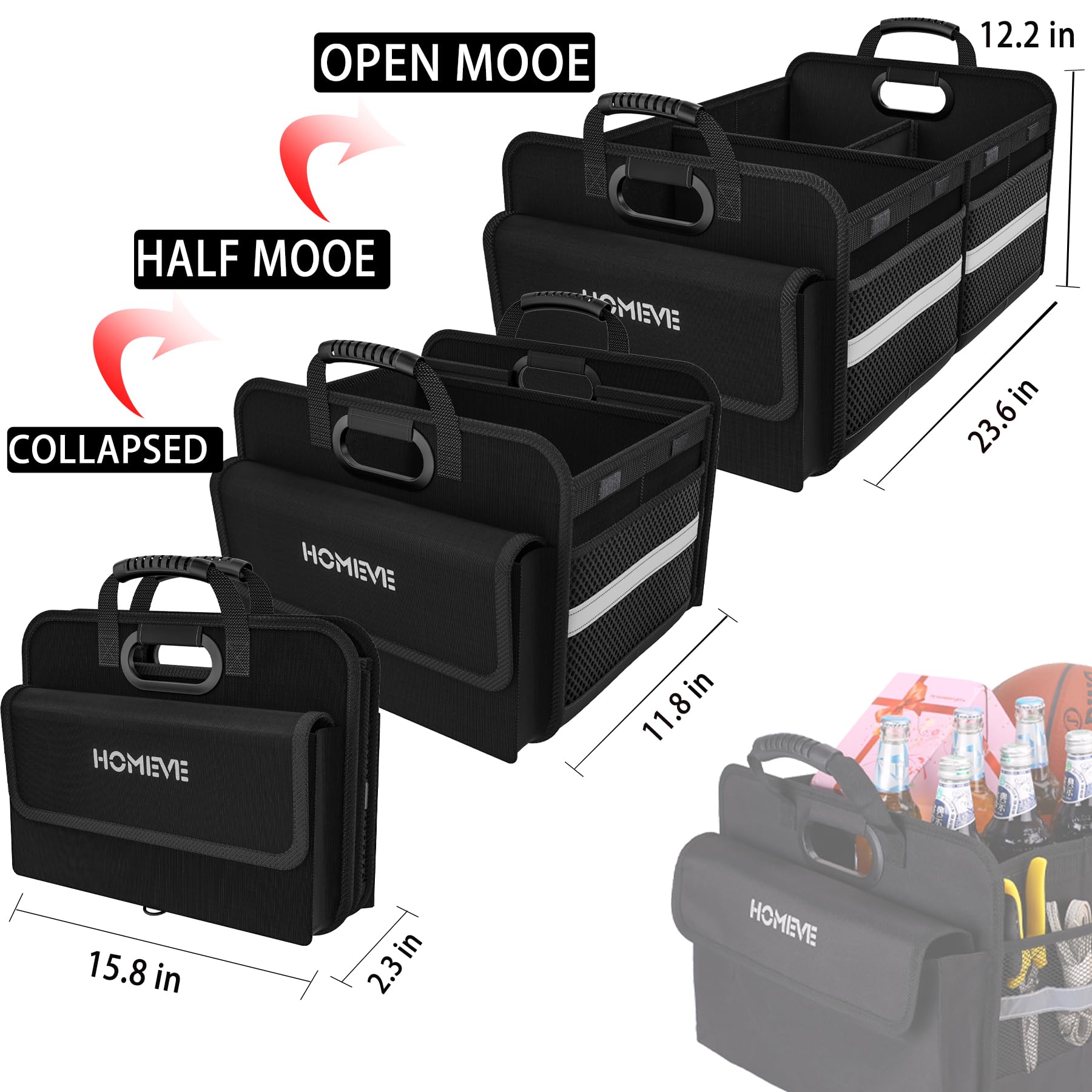 Homeve Trunk Organizer For Car, Collapsible Storage Box, Car Storage Organizer, 3 Compartment, Multi Pockets, Non Slip Strips, A