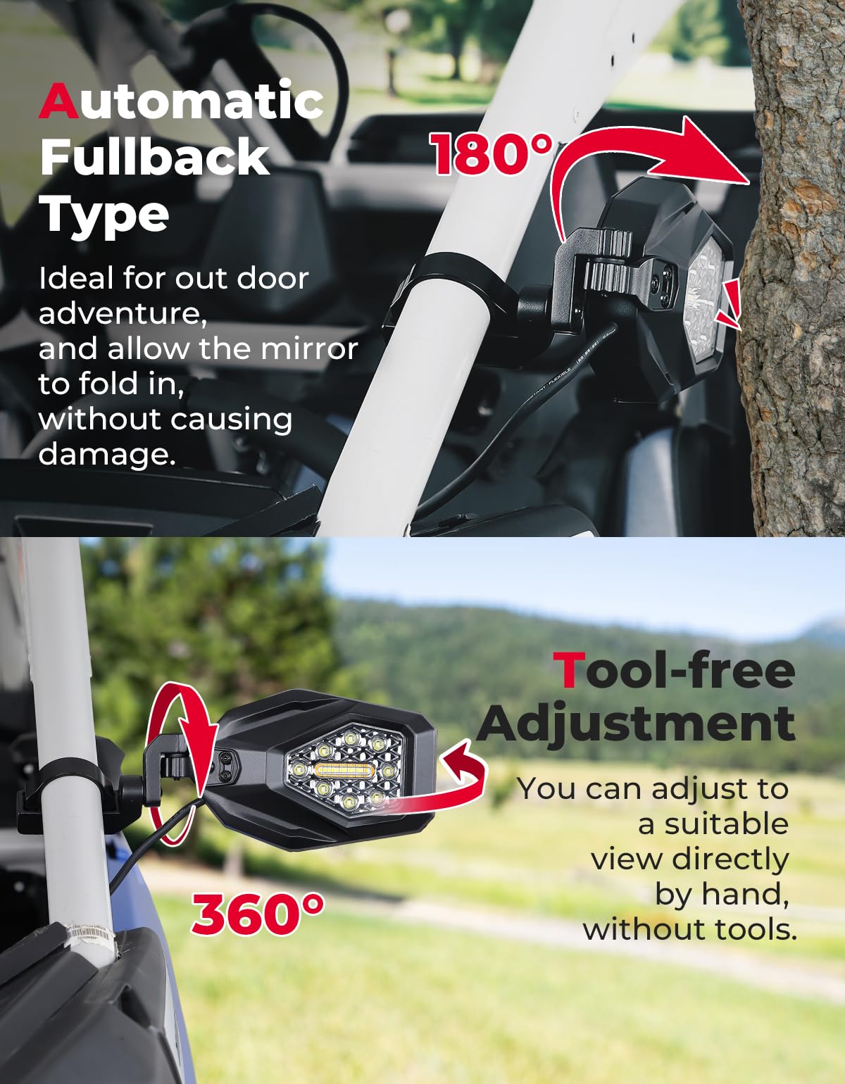 KEMIMOTO UTV Side Mirrors with Spot Light, Turn Signal Light for 1.6-2 in Roll Bar, Heavy Duty Aluminum Side by Side UTV Mirrors