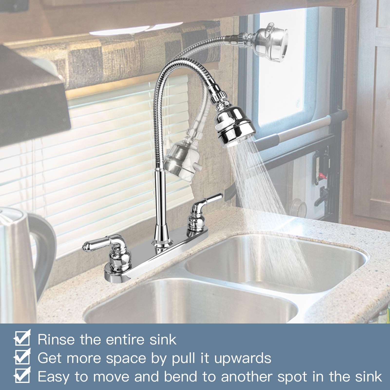 EXCELFU RV Sink Faucet - 360° Rotatable Sprayer, Stainless Steel, Model RV-8769, Ideal for RVs, Campers, Motorhomes, and Travel Trailers
