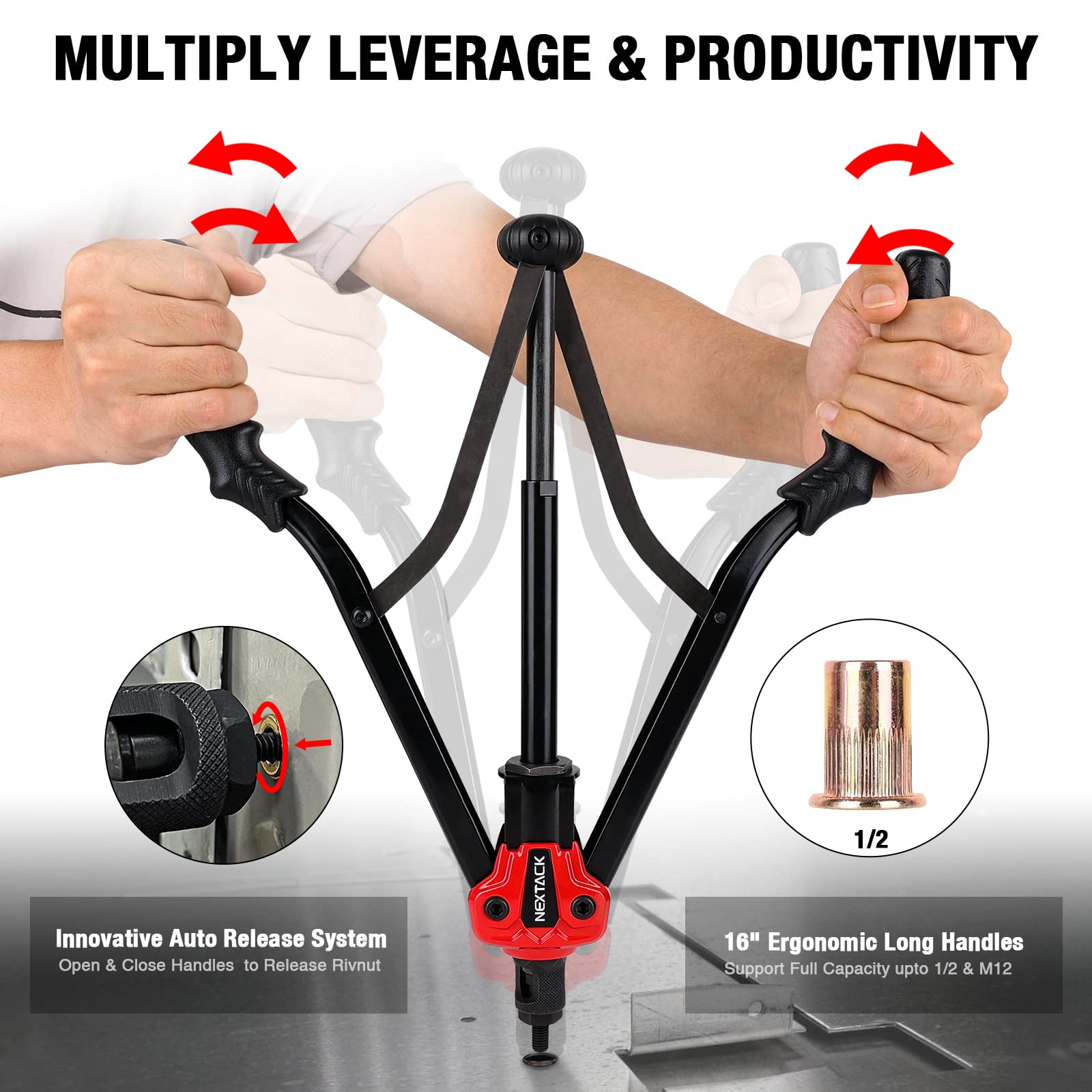 Nextack Heavy Duty Rivet Nut Tool Kit, 16'' Auto Release Nut Rivnut Tool With 12 Sae & Metric Mandrels & 105 Nurserts, Threaded