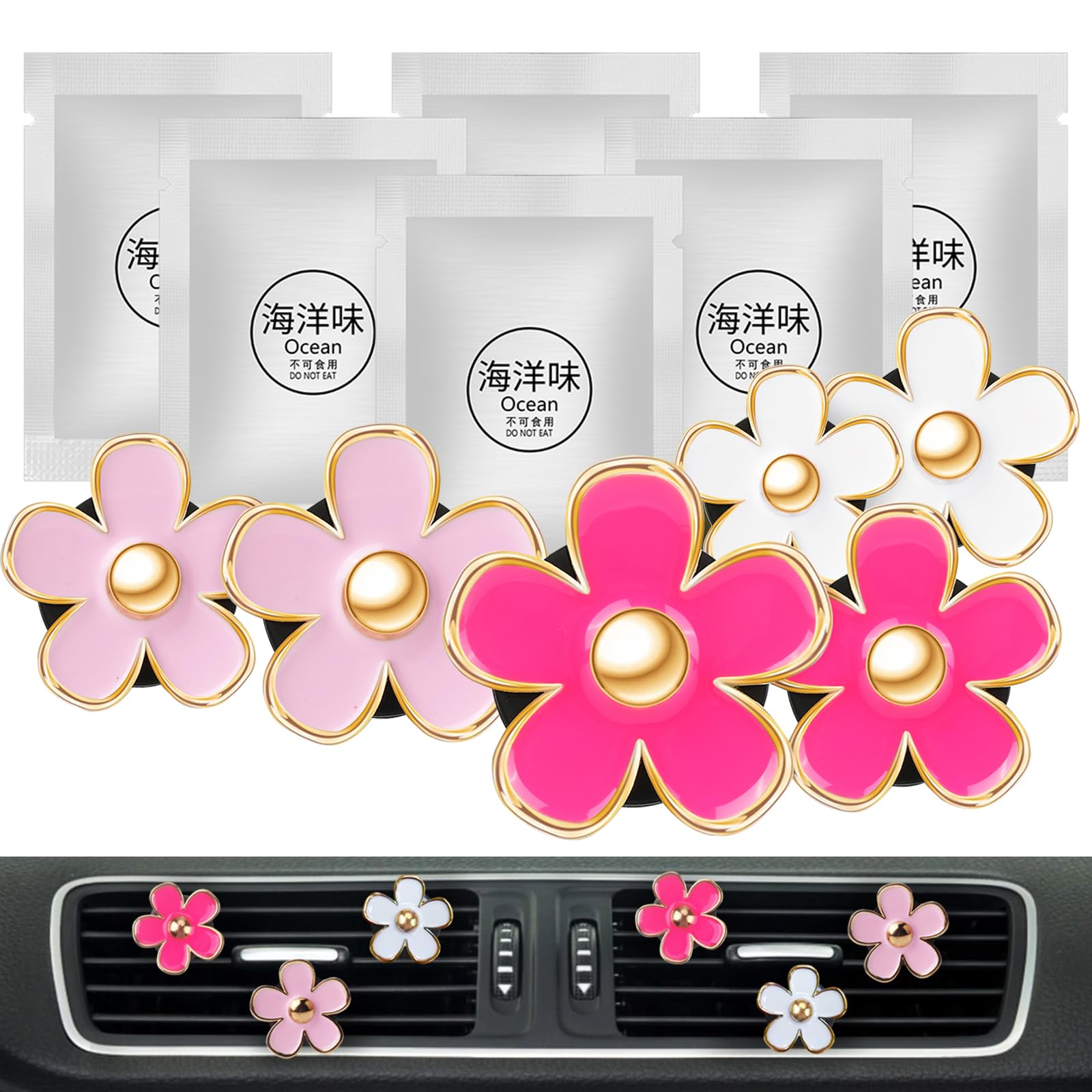 Pink Car Accessories For Women Teen Girls 6Pcs Cute Auto Scent Air Fresheners Vent Clips Girly Daisy Flower Decorations Interior
