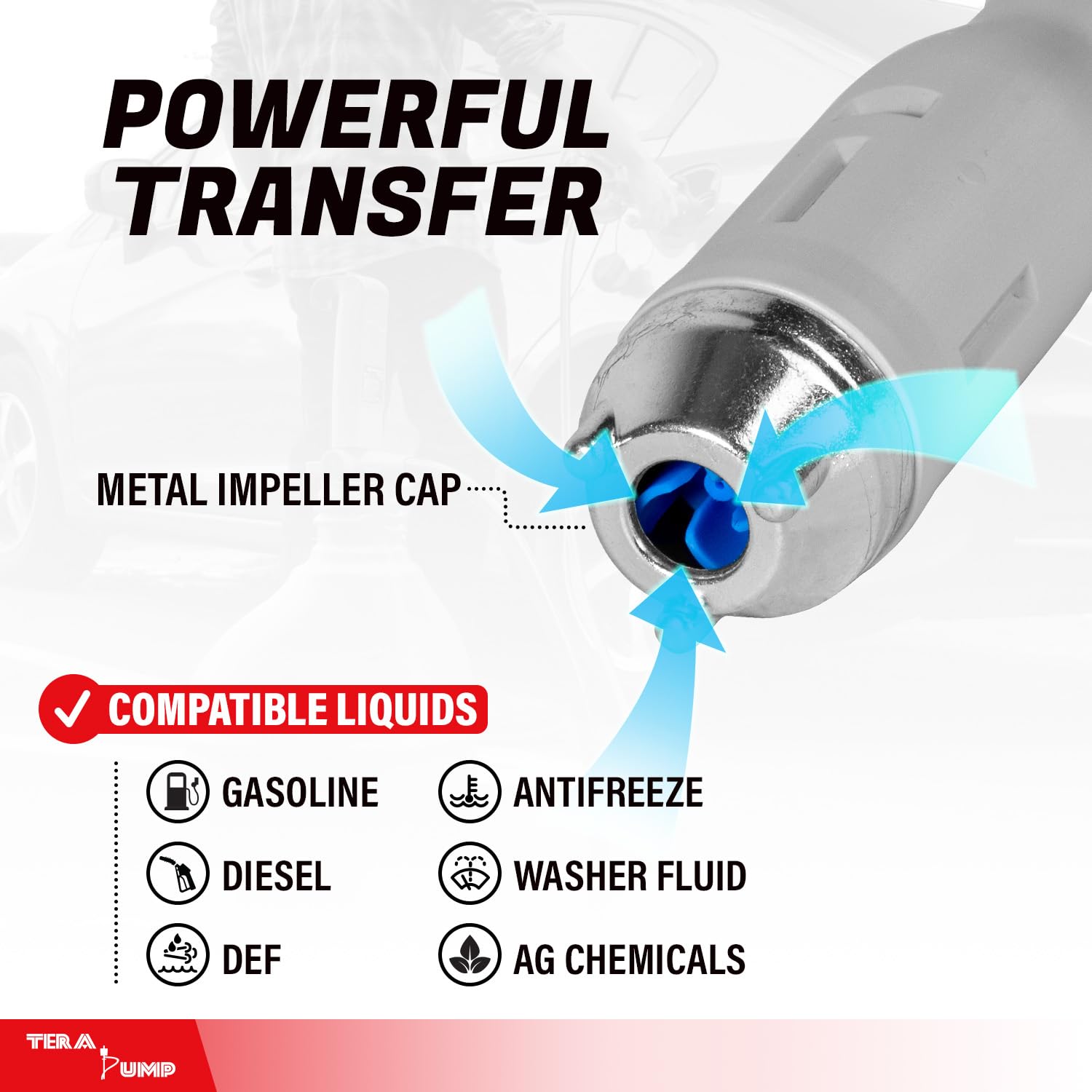 TERA PUMP Fuel Transfer Pump w/Quick Flow Control Nozzle & Telescopic Tube & Powerful Rechargeable Battery, 10FT Discharge Hose,