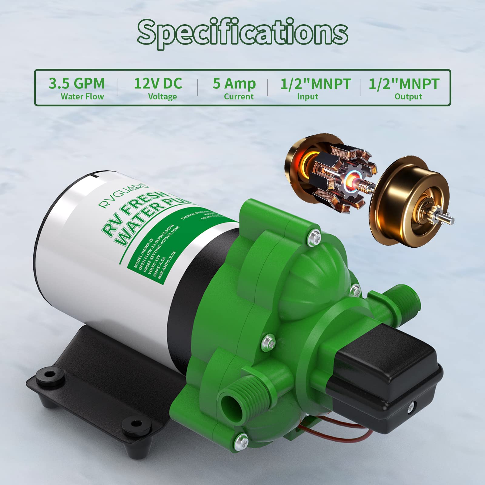 Rvguard Fresh Water Pump, 12V Dc Self Priming Diaphragm Water Pump, 3.5 Gpm With Strainer Filter, Adapters, For Rv, Yacht, Garden, Camper