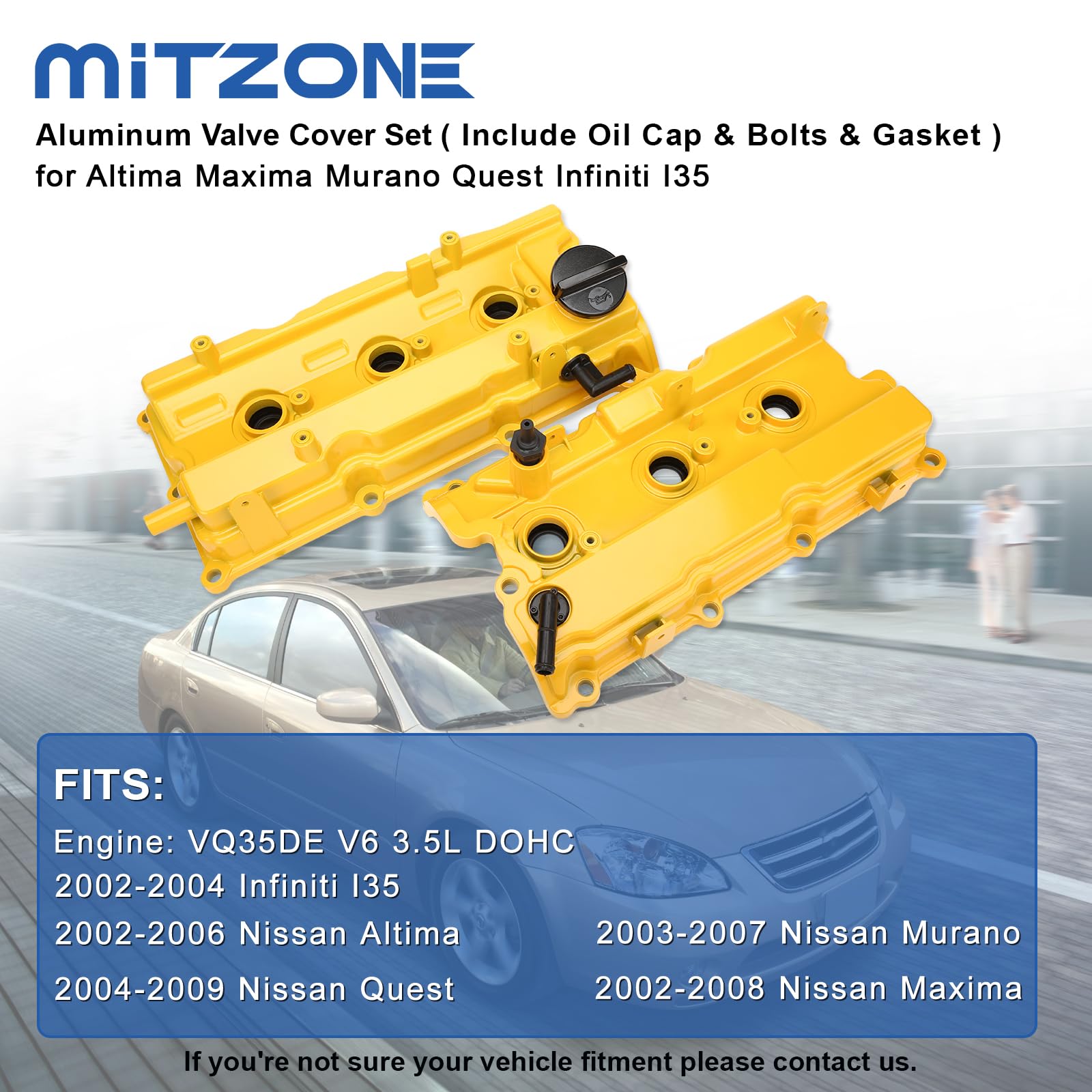 Mitzone Upgrade Aluminum Valve Covers (Yellow) Front& Rear Compatible With 2002-2009 Nissan Altima Maxima Murano Quest Infiniti