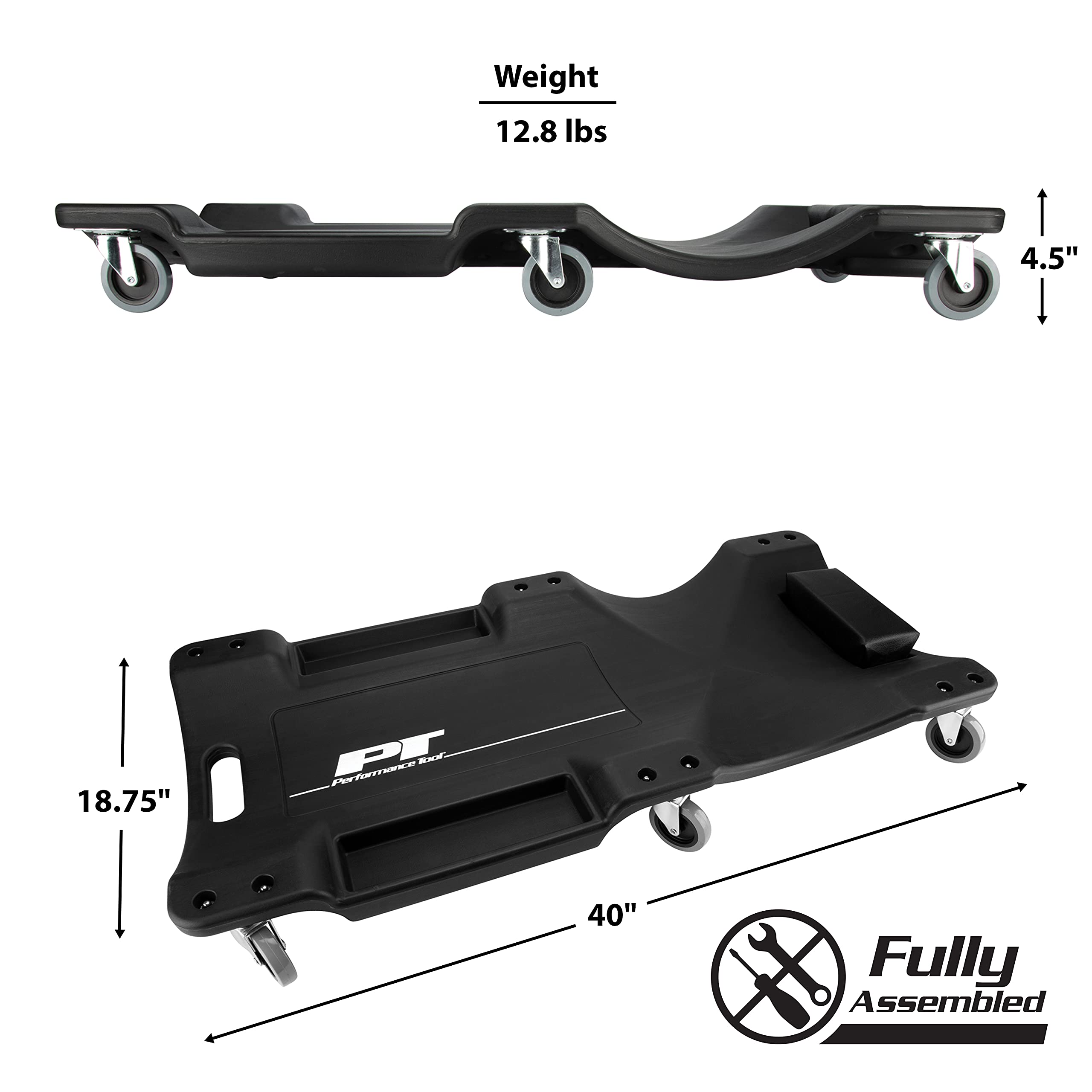 Performance Tool W85006 40-Inch Plastic Creeper With 6 Casters, Black