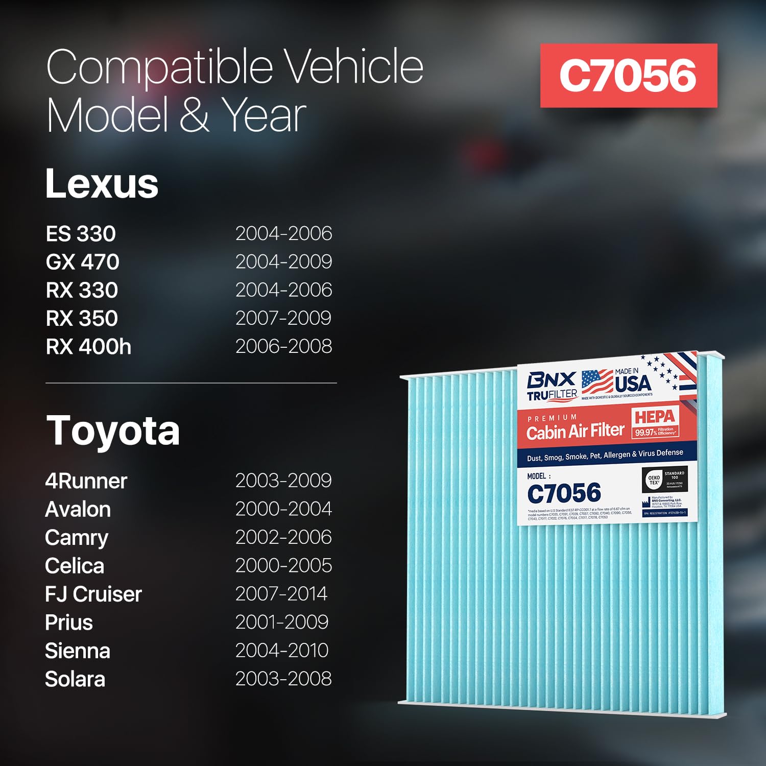 Bnx Trufilter C7056 Cabin Air Filter, Hepa 99.97%, Made In Usa, Compatible With Select Toyota Camry, 4Runner, Prius, Avalon, Fj