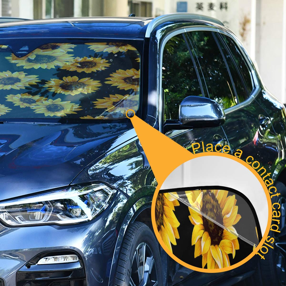 Car Windshield Sunshade Sunflower Black Pattern, Blocks Sun Visor Protector Foldable Sun Shield Keep Your Vehicle Cool, Fits Win