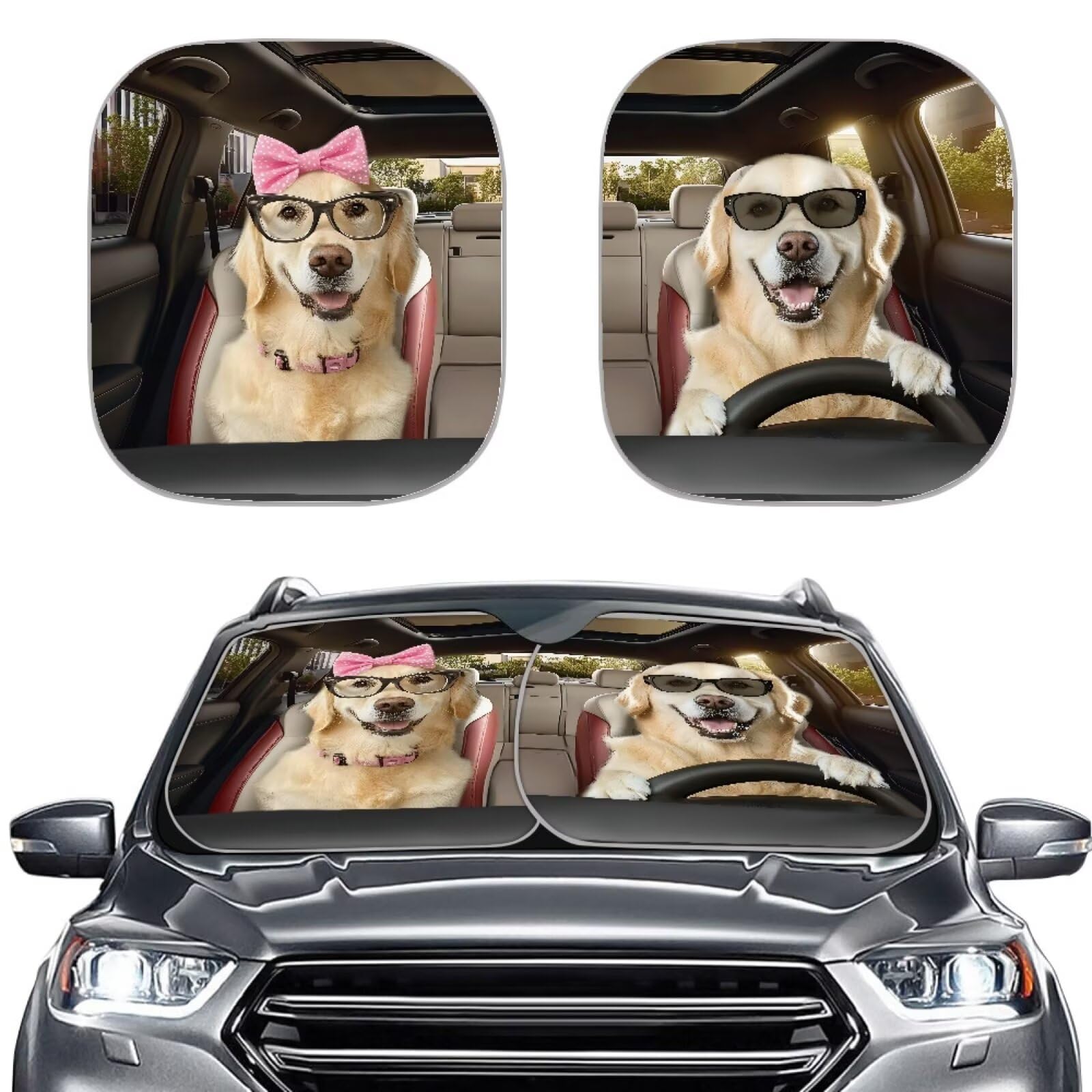 Renewold Labrador Retriever Animal Driving Automotive Windshield Sunshades 2Pcs Sun Shade For Car Front Window Car Accessories F