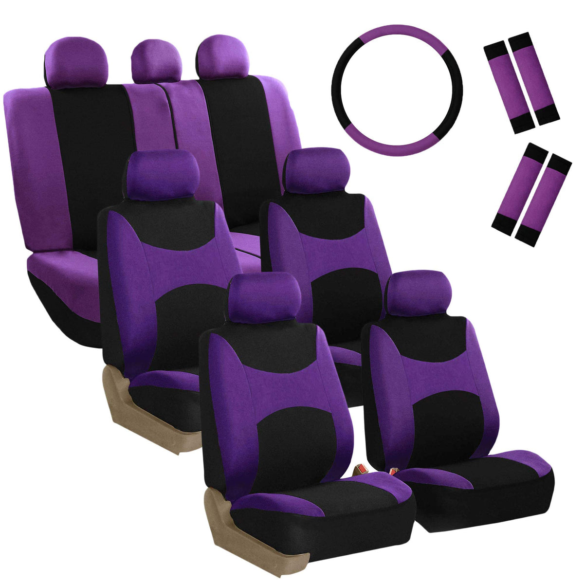 Fh Group Automotive Seat Covers Light & Breezy Flat Cloth  Three Row Set Purple Combo Steering Wheel Cover & Seat Belt Pads, Air