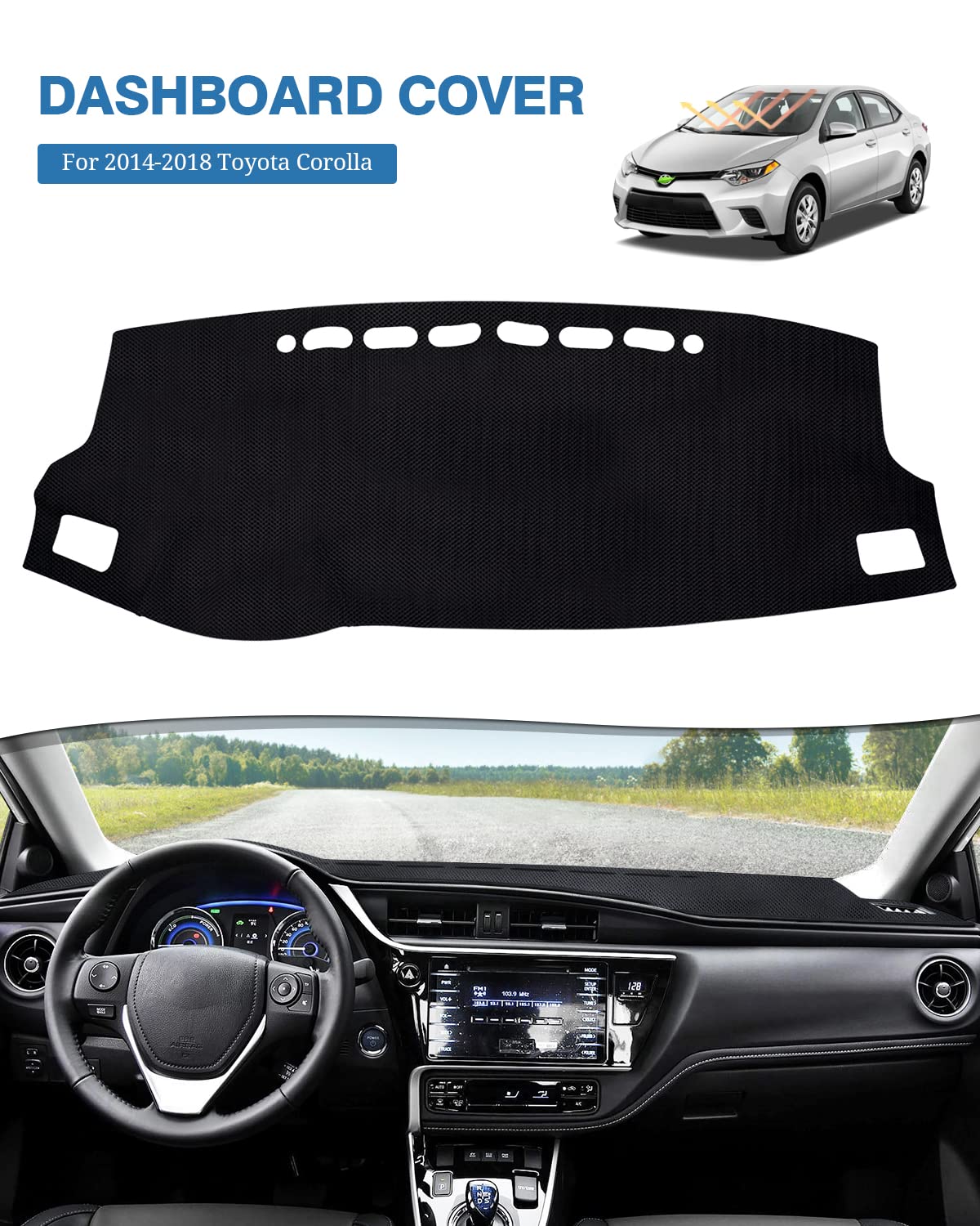 Fiilines Dash Cover For 2014-2018 Toyota Corolla, Accessories Dashboard Cover Mat No Glare Sunshade Anti-Slip Pad Protector Blac