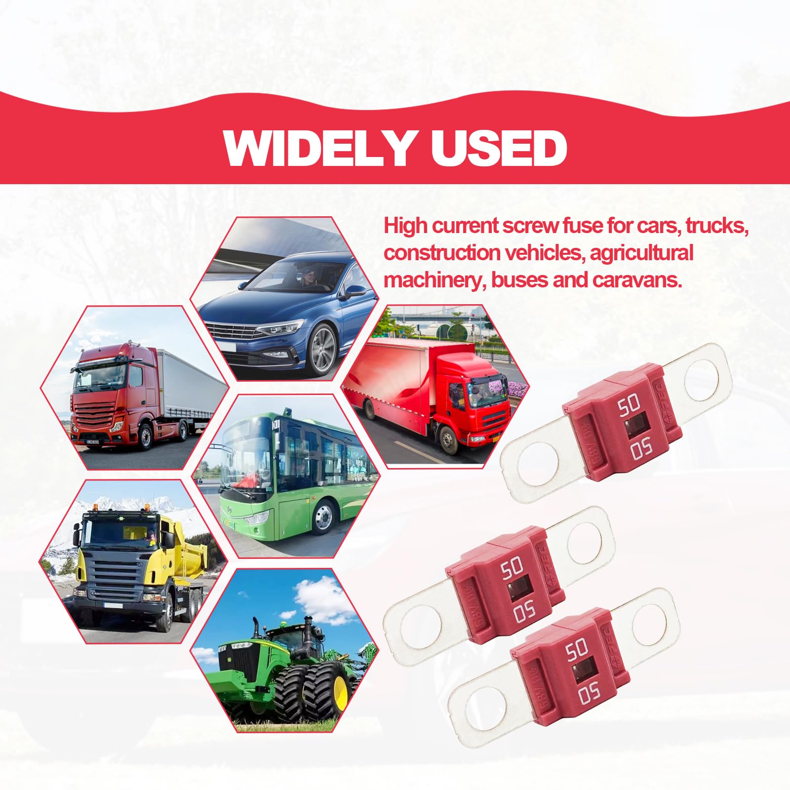 Pack of 3 AMI/Midi Fuse 50 Amp High Current Fuse Bolt-on Fuse, commonly Used in Cars, Trucks, Construction Vehicles, Agricultura