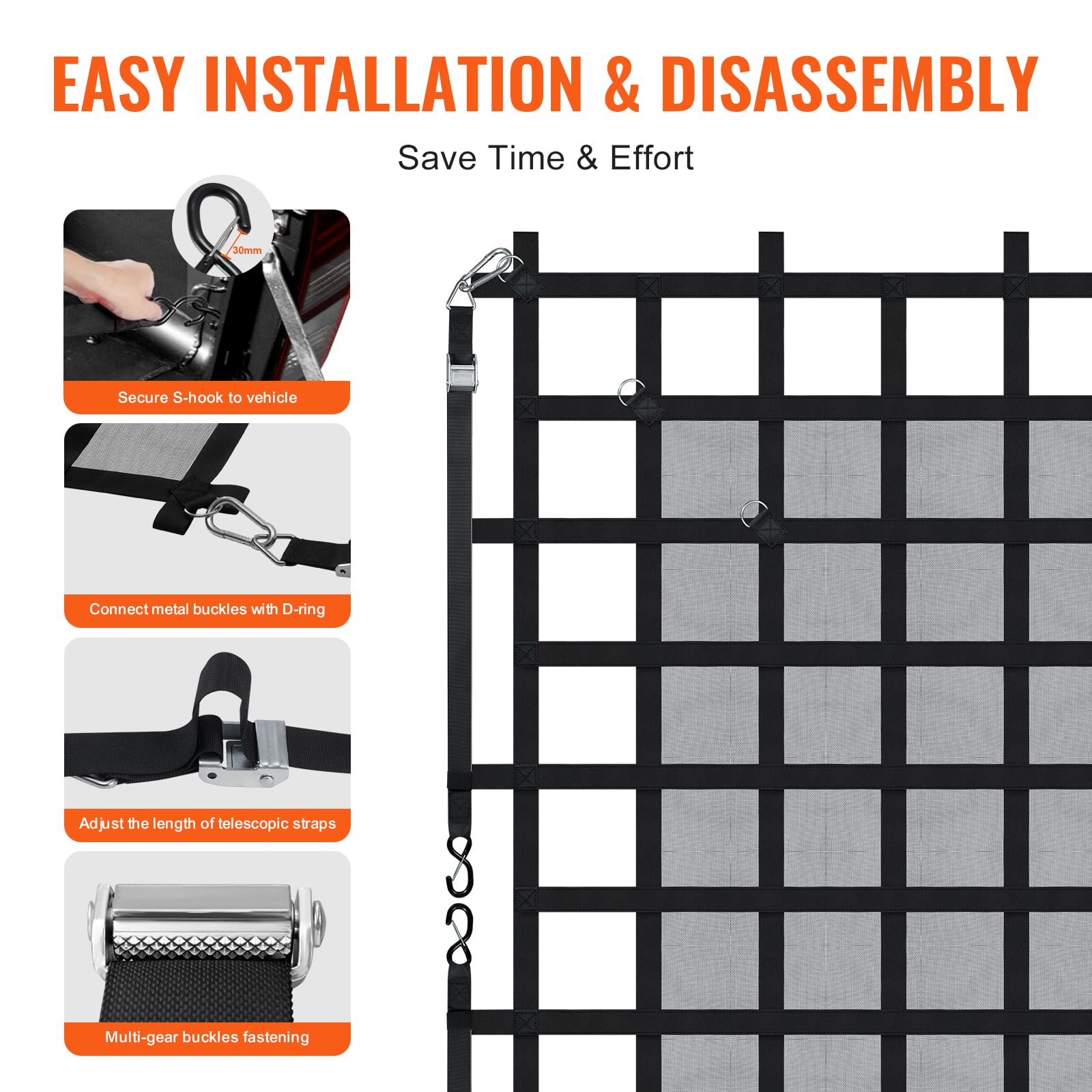 VEVOR Cargo Net with Mesh, 72 in x 57 in, Heavy Duty Truck Cargo Net-(WLL) 1,100lbs, 4 Adjustable Straps with Carabiners & S-Hoo