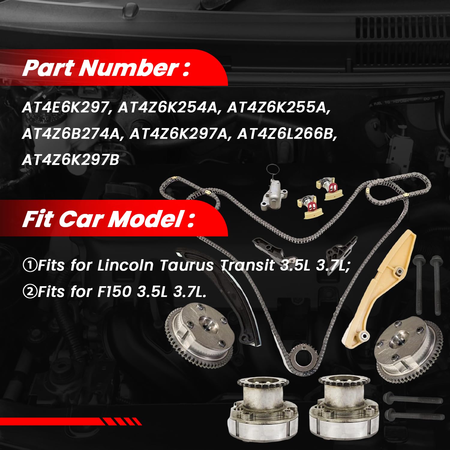 Zumuraauto Engine Timing Chain Kit Suitable For Lincoln Taurus Transit Explorer F150 Cam Phaser Vvt Set Oe At4Z6L266B, At4Z6K297B, At4Z6K254A, At4Z6B274A, At4Z6K297A, At4E6K297, At4Z6K255A Timing Part
