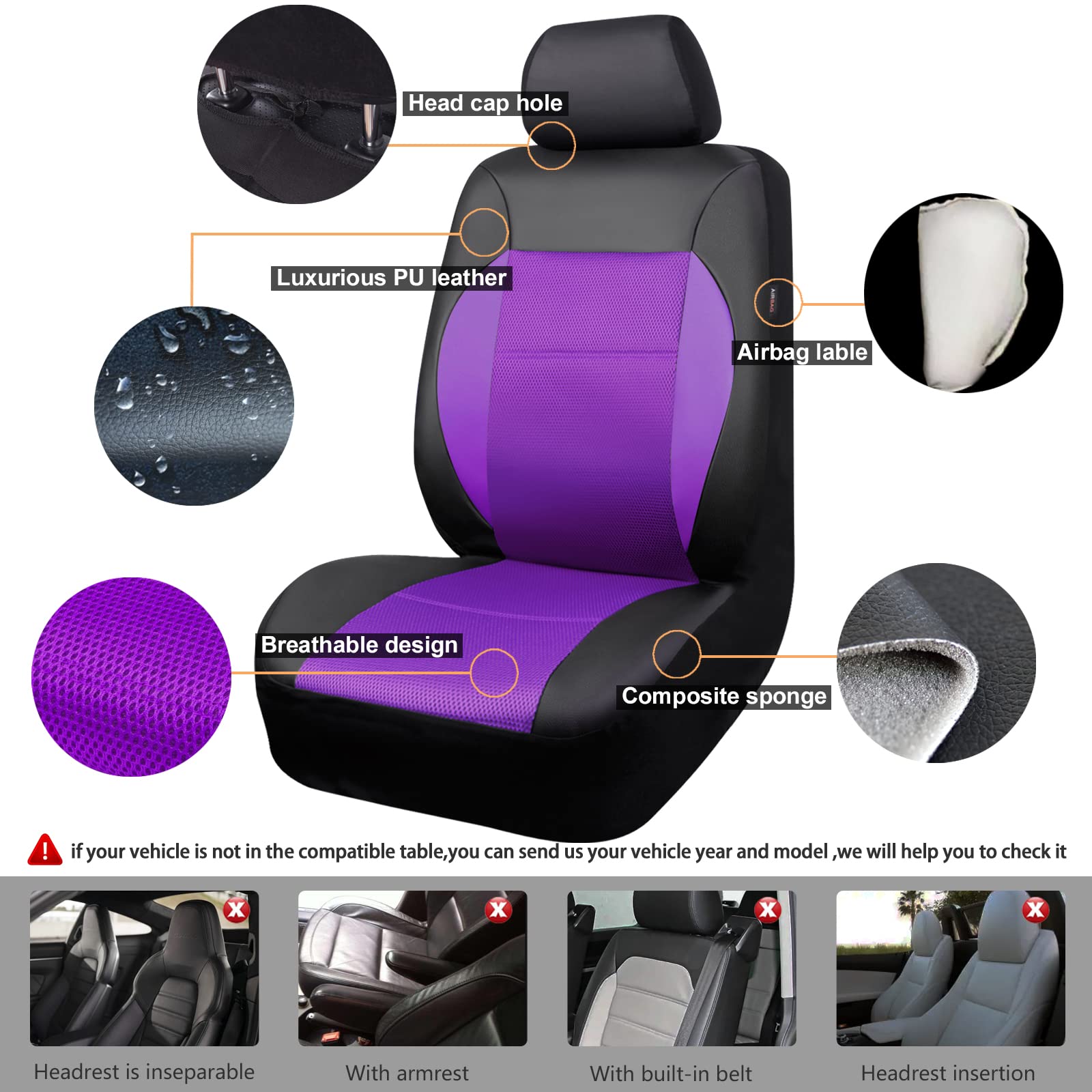 Car Pass Luxurious Faux Pu Leather Universal Seat Covers Set, Fit For Vehicles Sedan Suvs Trucks With Super 5Mm Composite Sponge Inside, For Cute Women Girly, Airbag Compatible (Black And Purple)