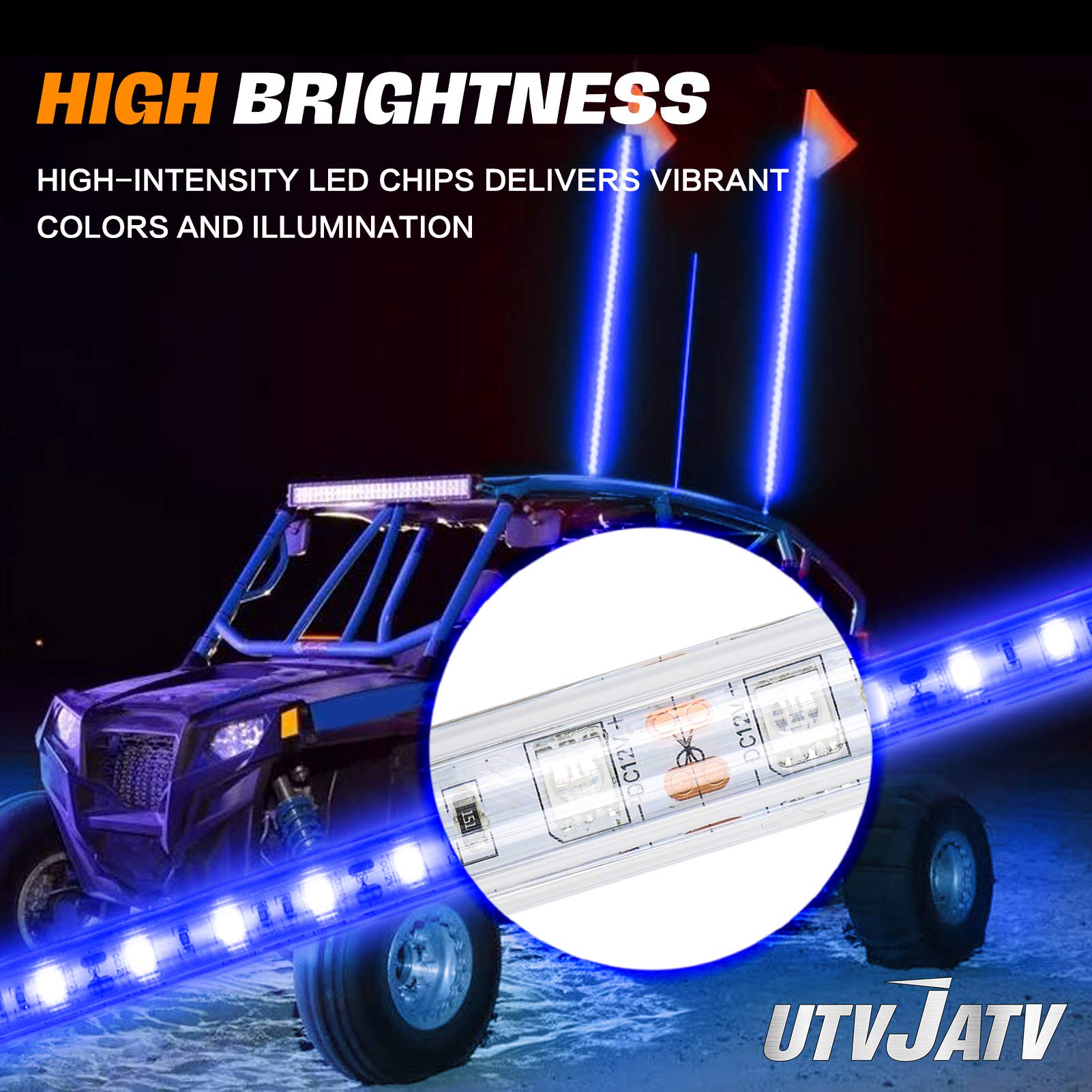 UTVJATV 3ft LED Whip Antenna - Waterproof Flag Pole with Blue Light for Can Am Maverick X3, Polaris RZR, UTV, ATV - 1PC