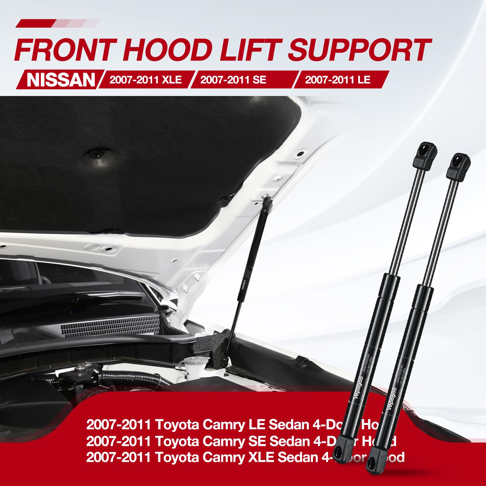 Vepagoo 6333 Front Hood Struts Compatible For 2007-2011 Toyota Camry Base/Ce/Hybrid/Le/Se/Xle Gas Shock Lift Supports,Sedan 4-Do