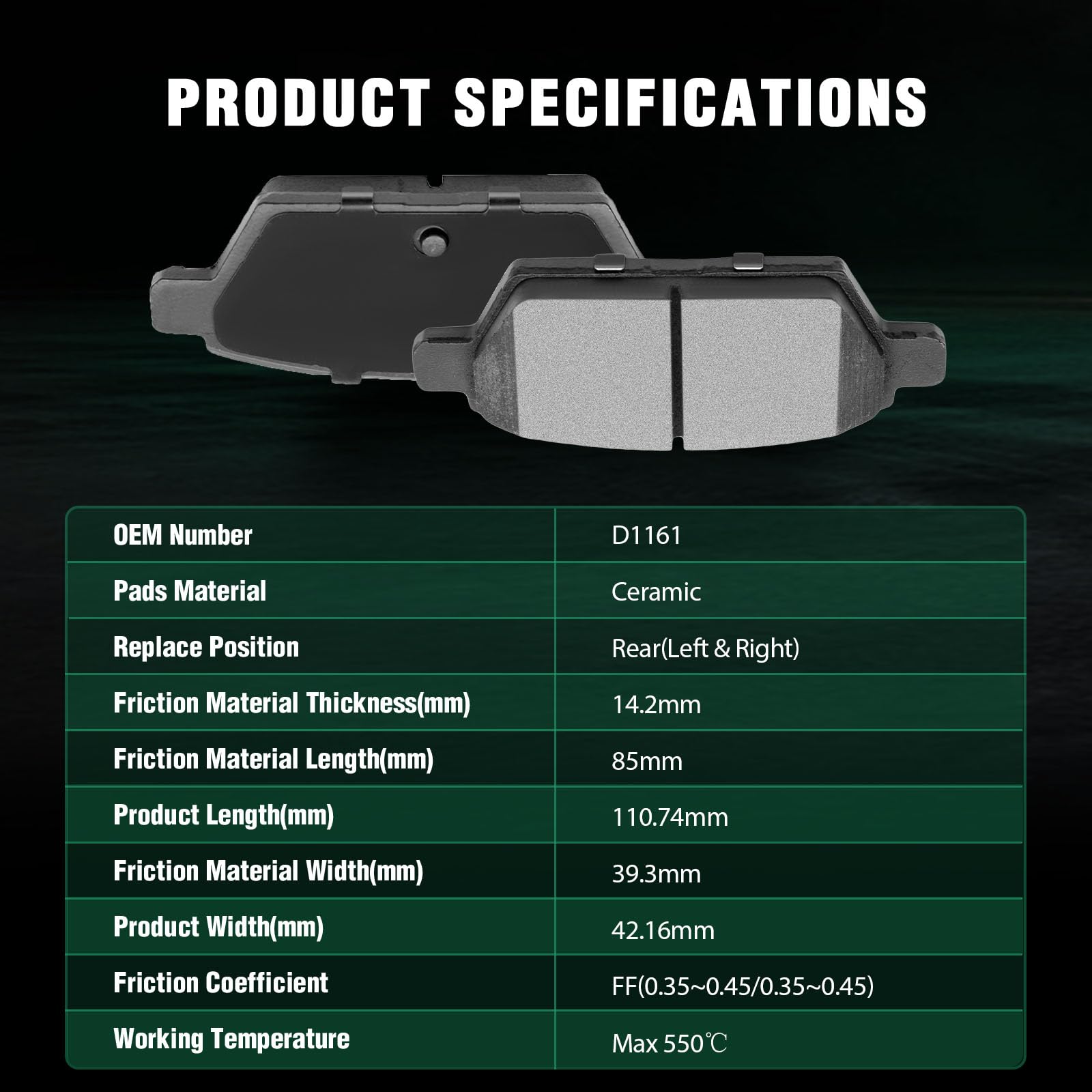 Automuto 4Pcs Rear Ceramic Disc Brake Pads Set D1161 For Ford For Fusion 2006-2012,For Lincoln Mkz 2007-2012,For Lincoln Zephyr