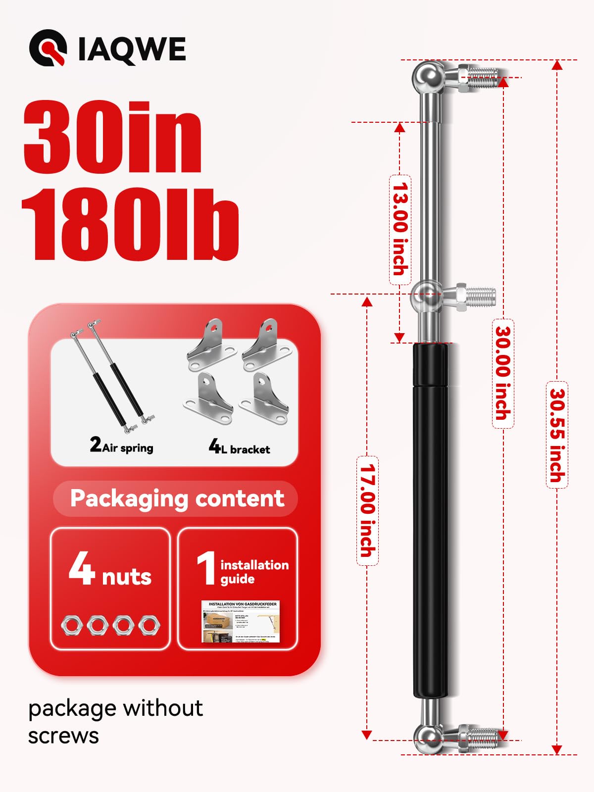 Iaqwe 30 Inch Gas Struts Shock 180Lb/801N Lift Support With L-Type Mounts For Boat Cover Rv Bed Storage Heavy Duty Toolbox Lid T