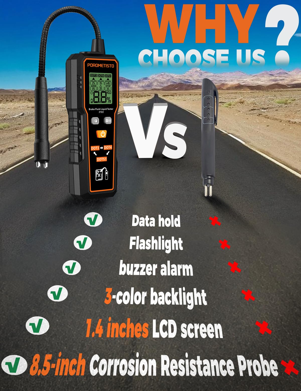 Brake Fluid Tester POROMETISTO FT01, Brake Fluid Moisture Tester with 8.5-Inch Corrosion Resistance Probe, Brake Fluid Detector