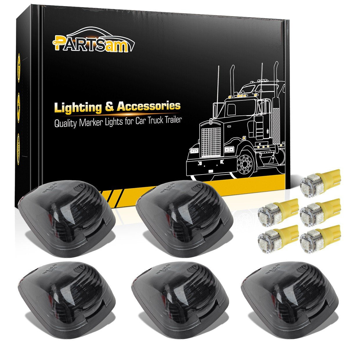 Partsam 5X Smoke Cab Marker Top Roof Light + 5X Amber T10 Led Lights Assembly Compatible With E150 E250 E350 E450 F150 F250 F350