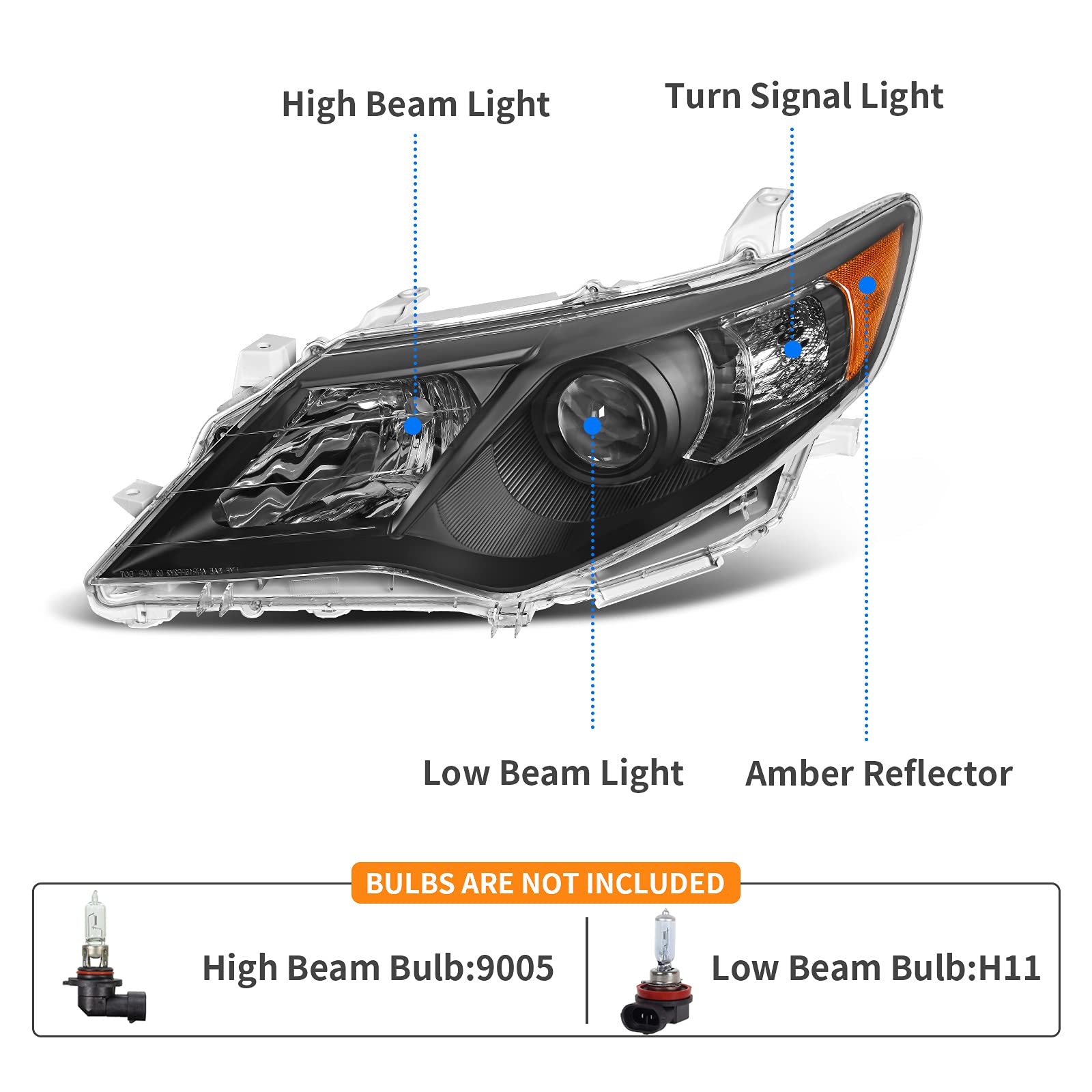 Dwvo Projector Headlights Assembly Compatible With 12 13 14 2012 2013 2014 Camry L/Le/Xle/Hybrid Headlamp Replacement Black Hous