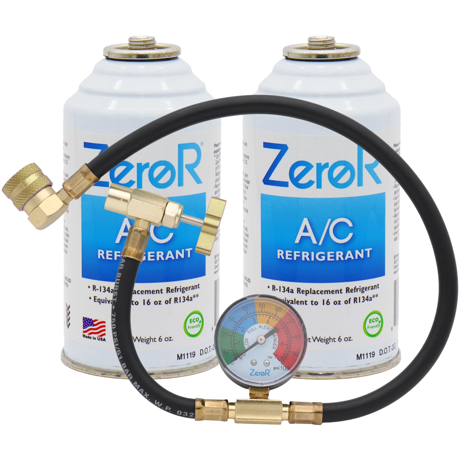 Zeror Ac Refrigerant | R134A Replacement | 2 6Oz Cans For Ac Recharging + 24'' Hd Can Tap Gauge