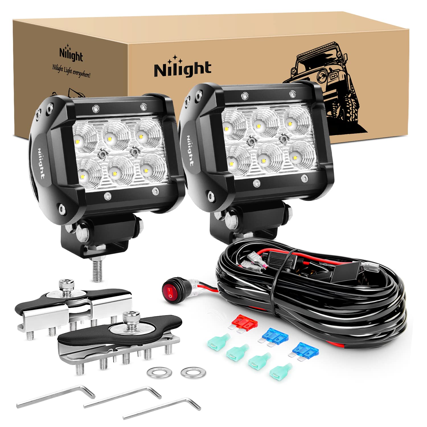 Nilight 2Pcs 4Inch 18W Flood Led Pods Universal Adjustable Pillar Hood Off Road Led Work Light With Mount Bracket Wiring Harness